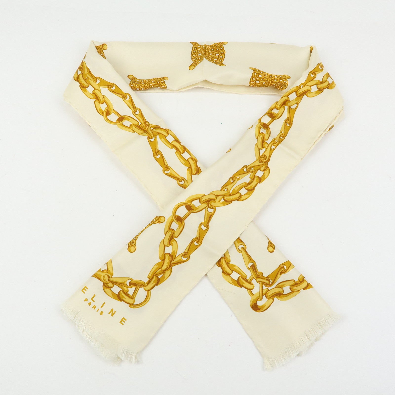 CELINE Macadam Chain Patten Silk 100% Scarf Ivory Gold