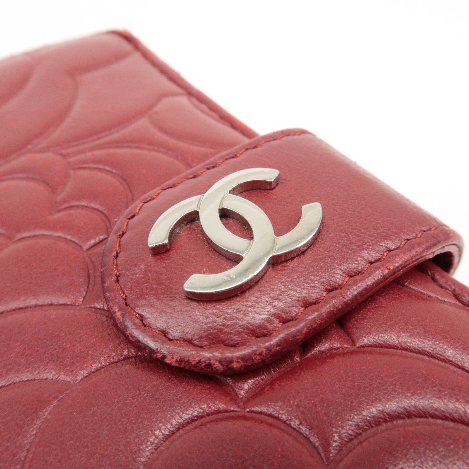 CHANEL COCO Mark Camelia Leather Bi-fold Wallet Red A50087 Used