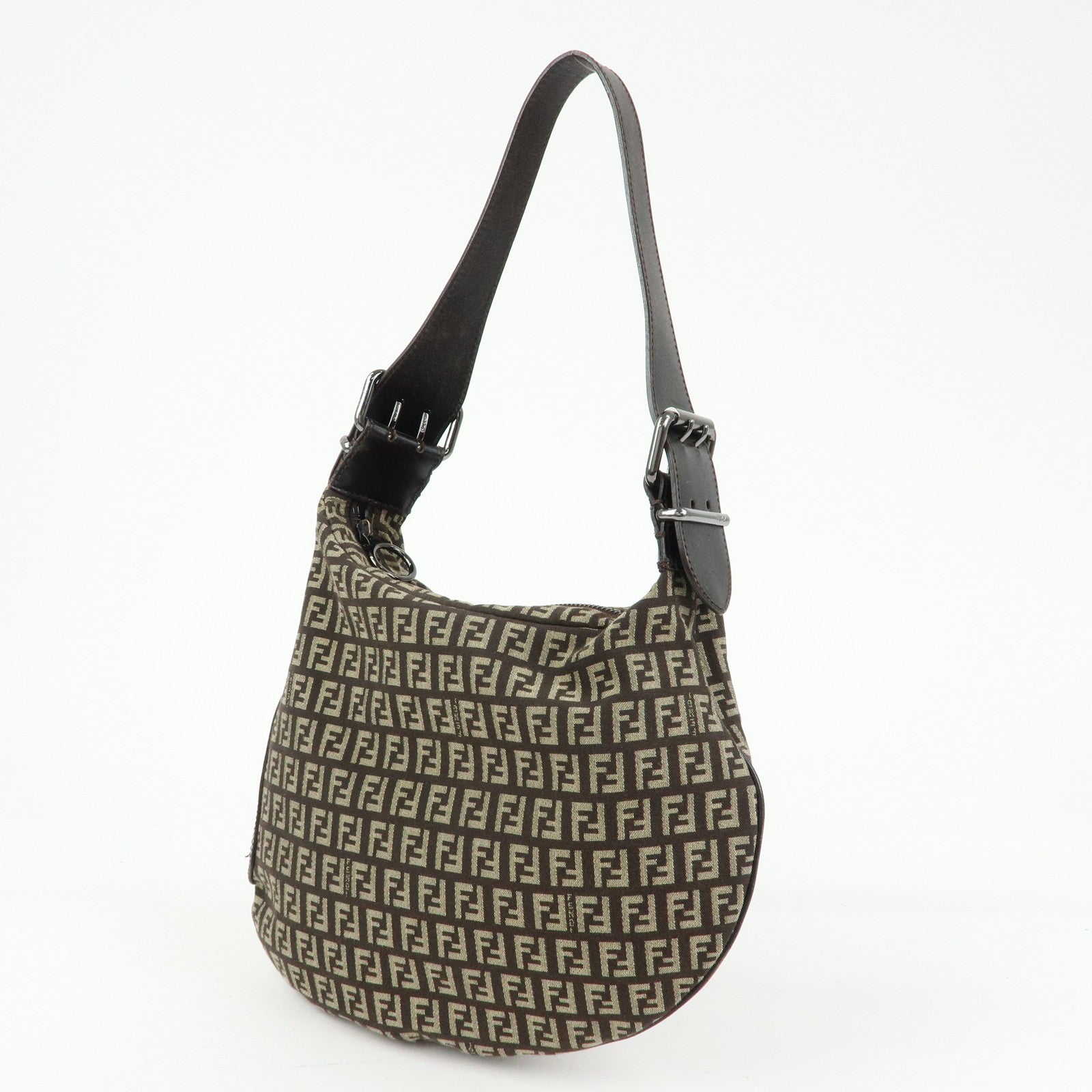FENDI Zucchino Canvas Leather Shoulder Bag Dark Brown 8BR228
