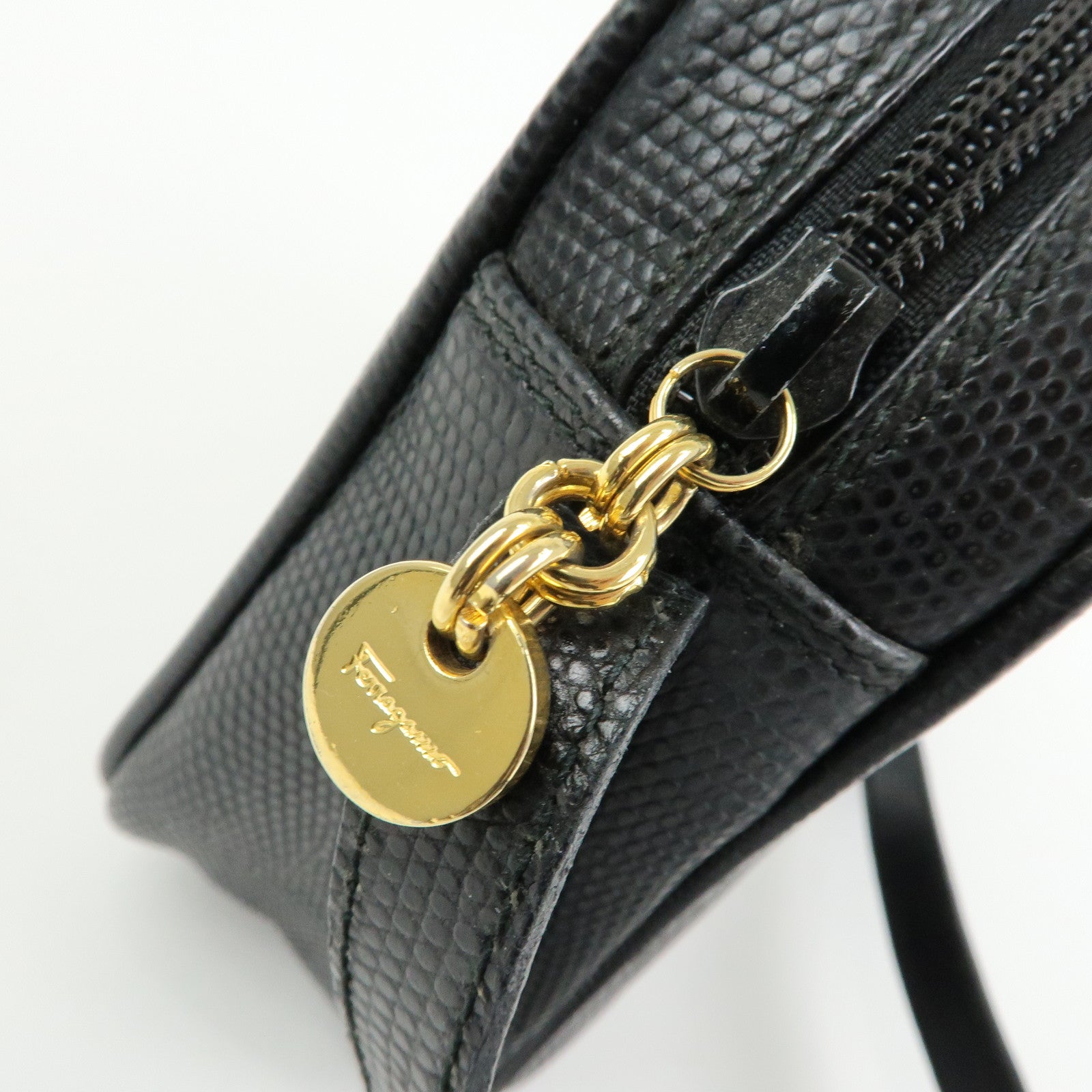 Ferragamo Varra Embossed Leather Shoulder Bag Crossbody Bag Black