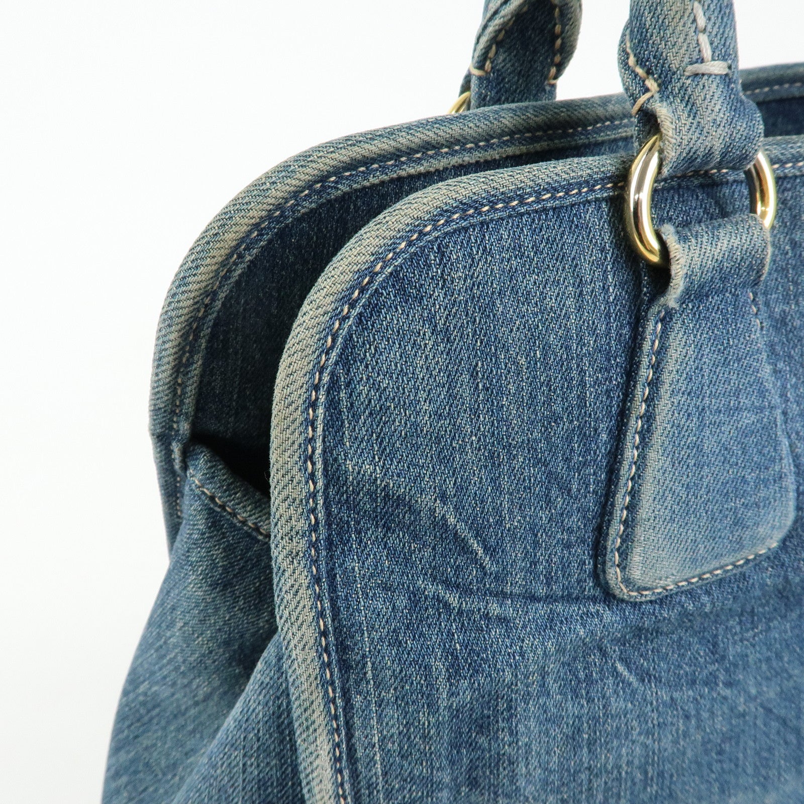 PRADA Triangle Logo Denim Tote Bag Hand Bag Blue BN2254