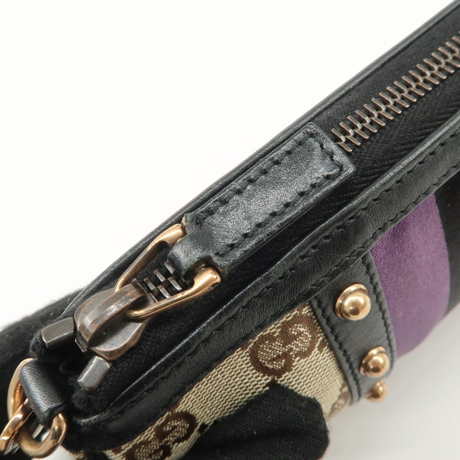 GUCCI Sherry Bamboo GG Canvas Leather Chain Bag Black Purple 129423 Used