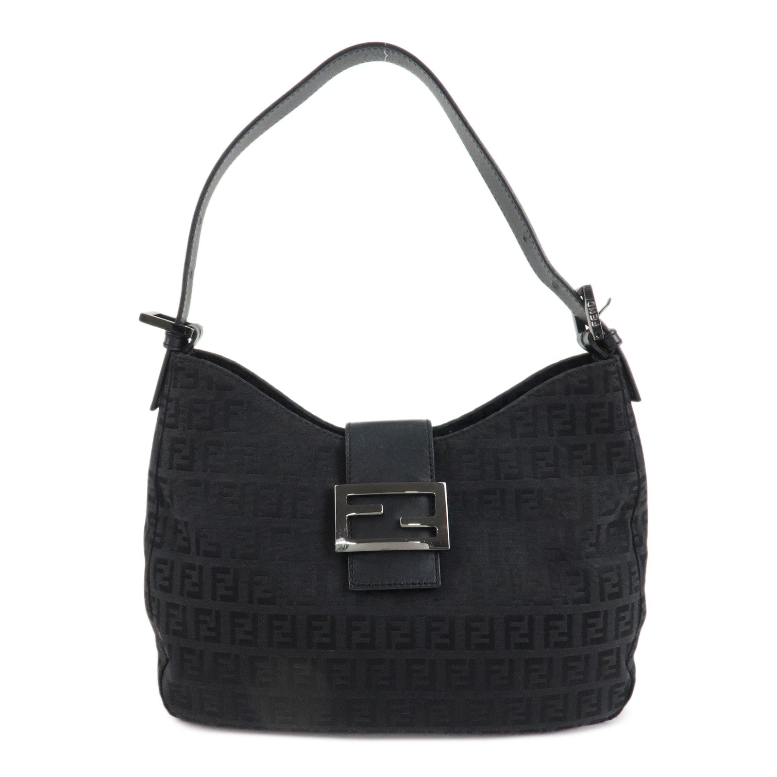 FENDI Zucchino Leather Canvas Shoulder Bag Black Used