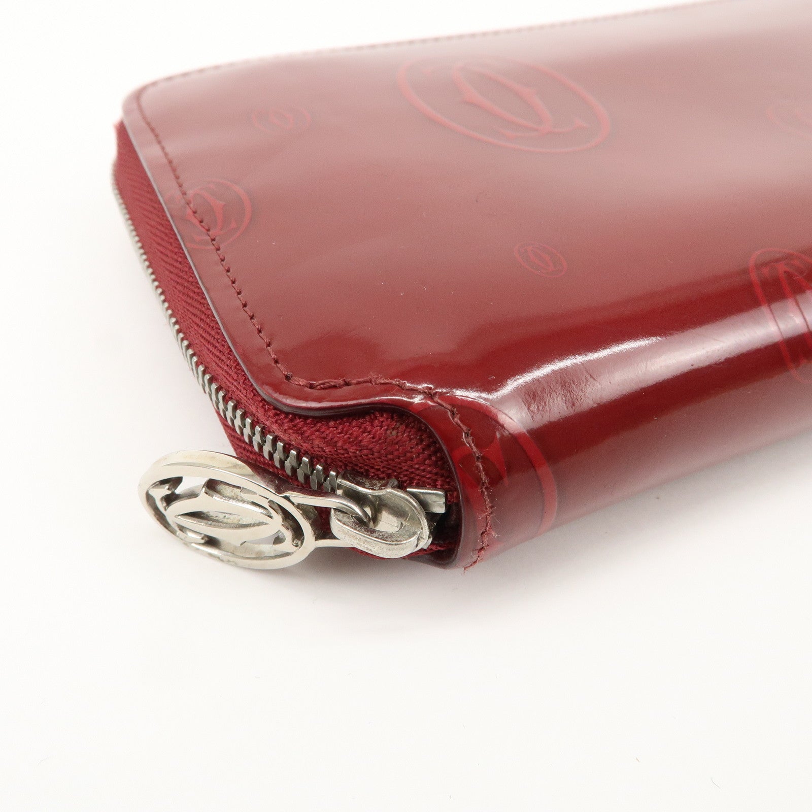 Cartier 2C Patent Leather Round Zippy Long Wallet Bordeaux Used