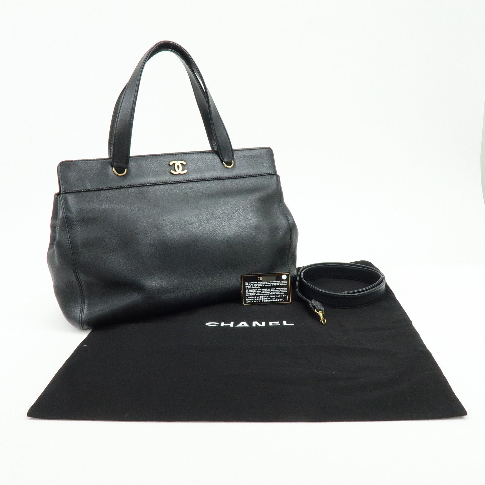 CHANEL Calf Leather 2Way Bag Shoulder Bag Tote Bag Black Gold