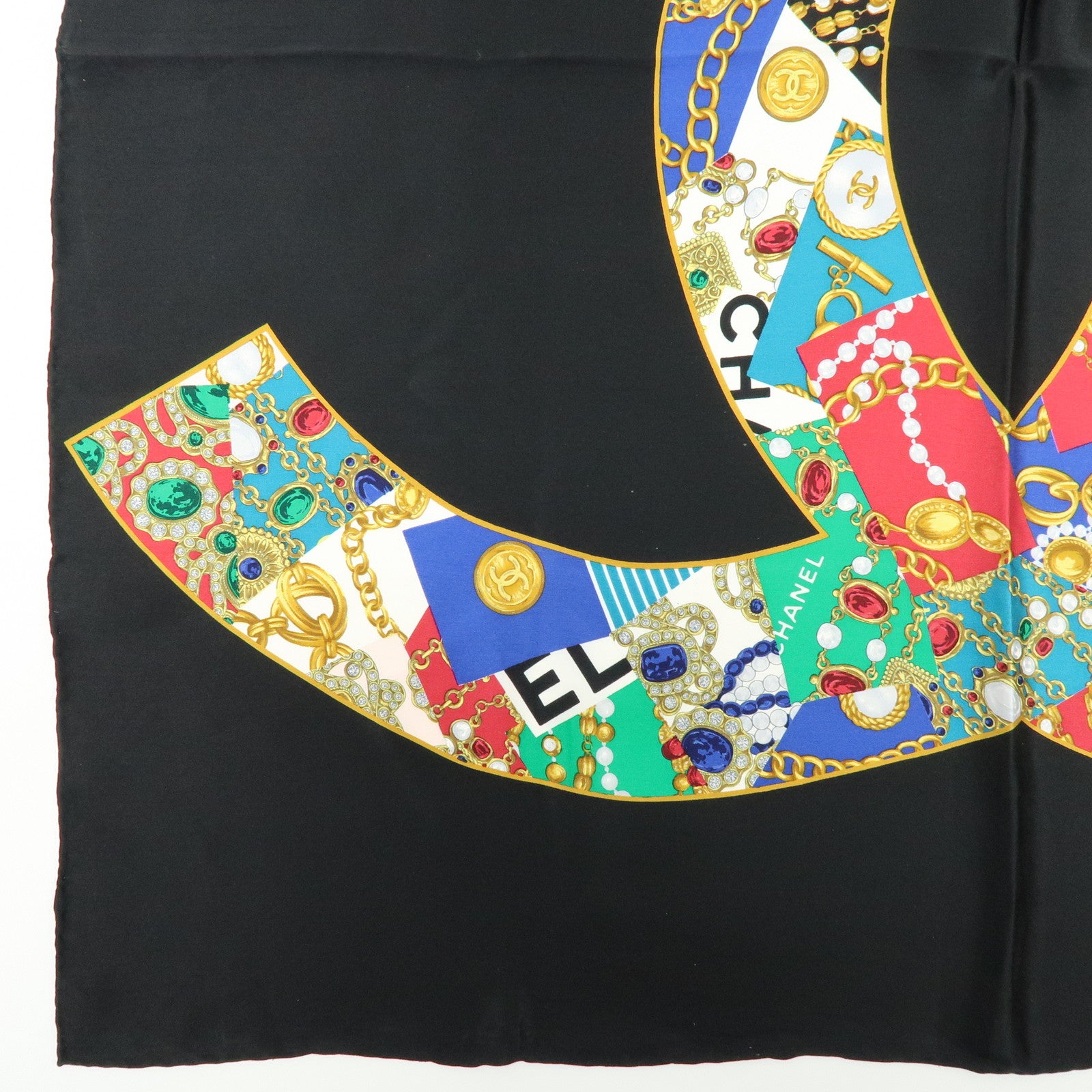 CHANEL COCO Mark Jewelry Motif Silk 100% Scarf Black Multicolor