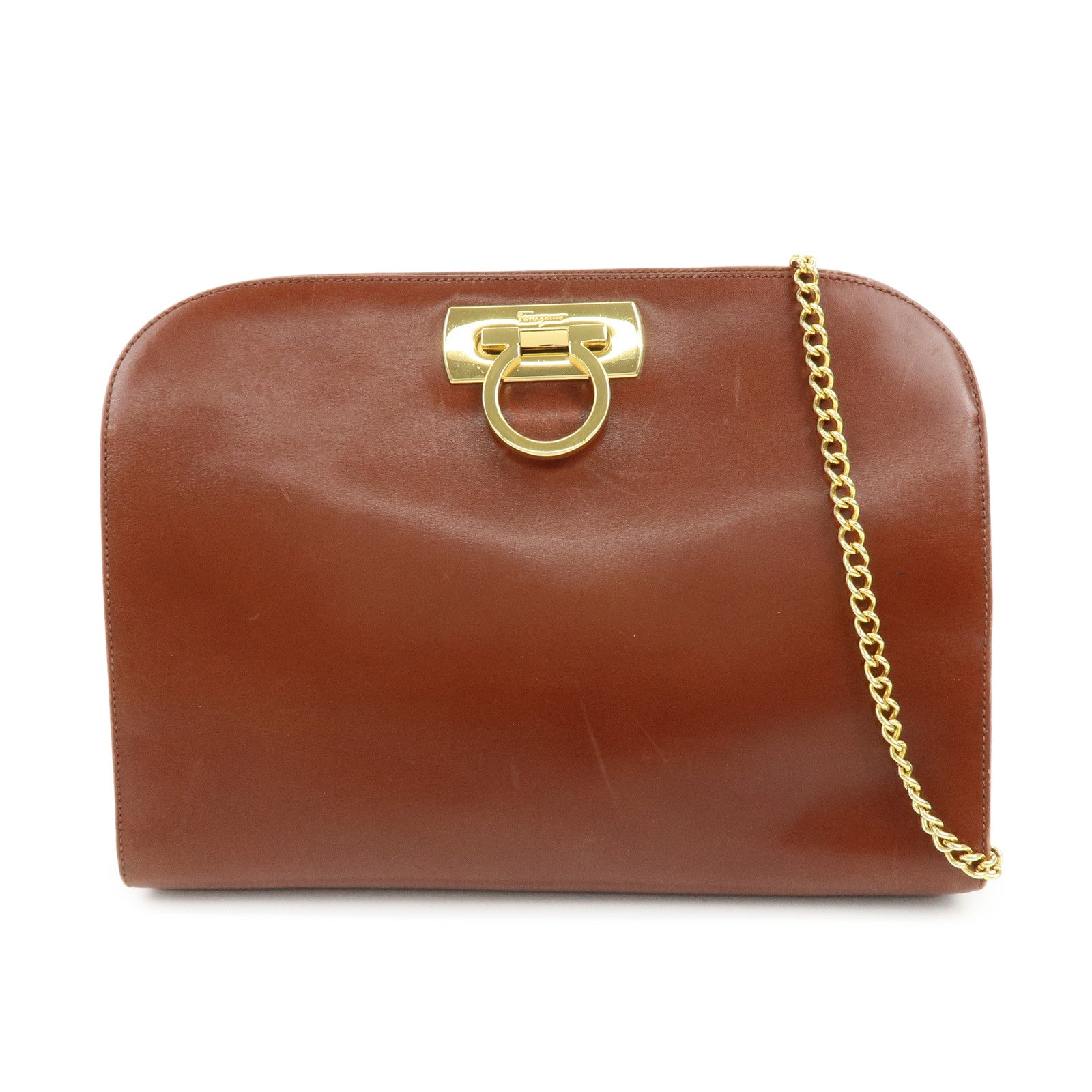 Ferragamo Gancini Calf Skin Leather Chain Shoulder Bag Brown