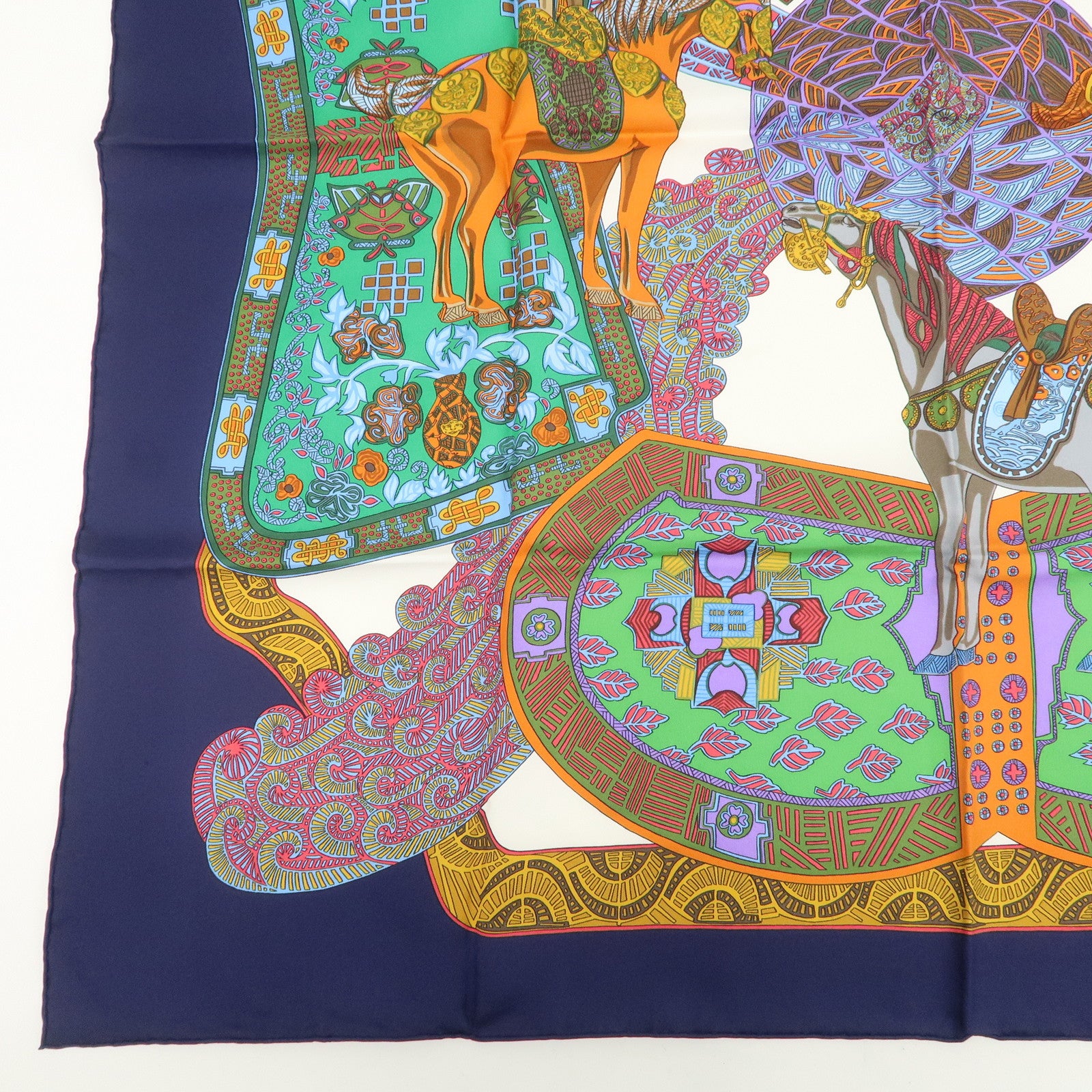 HERMES HERMES Carre 90 Silk 100% Scarf ART des STEPPES Navy