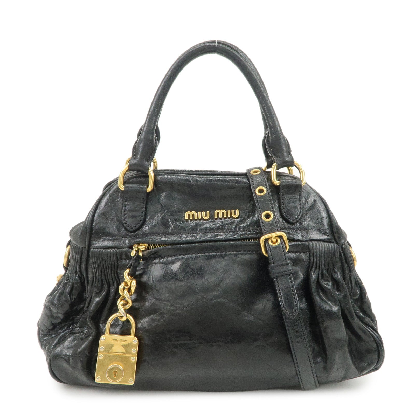 MIU MIU Leather 2Way Bag Hand Bag Shoulder Bag Black RR1424 Used