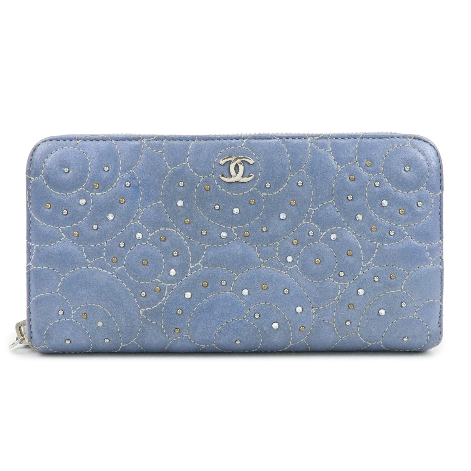CHANEL Camellia Lamb Skin Round Zippy Wallet Light Blue A82281