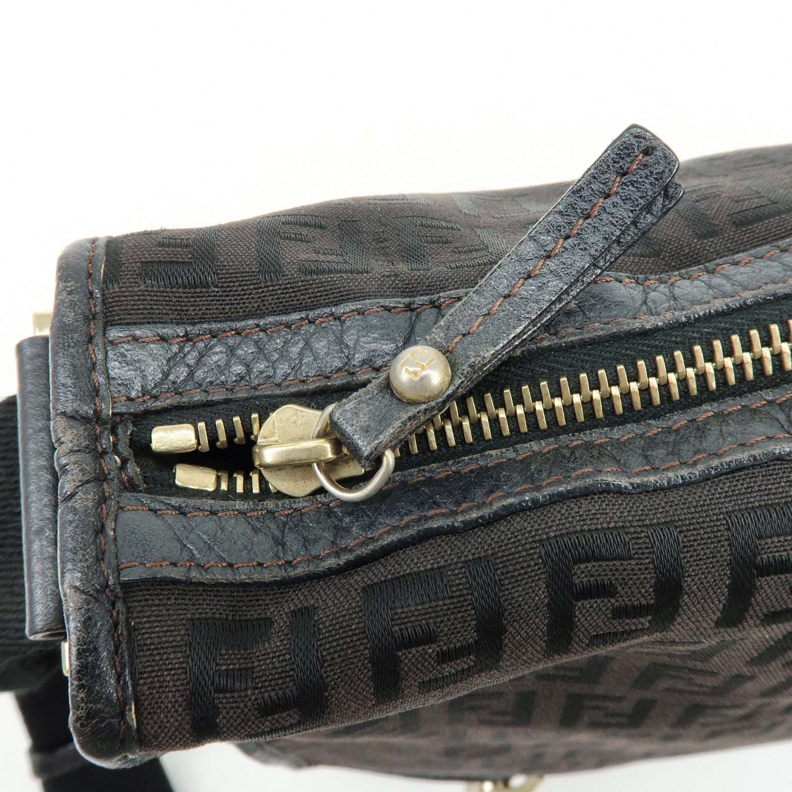 FENDI Zucchino Canvas Leather Shoulder Bag Dark Brown 8BT090