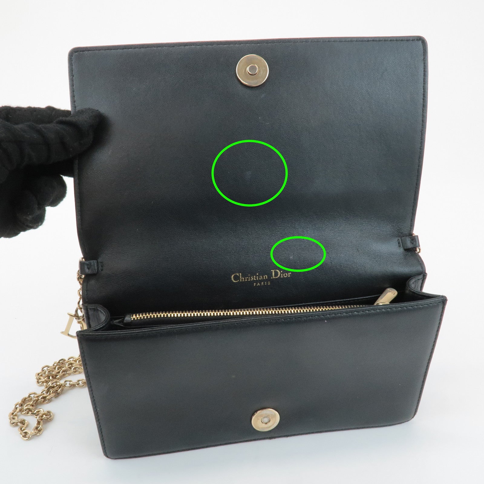 Christian Dior Cannage Leather Chain Shoulder Bag Black Gold Charm