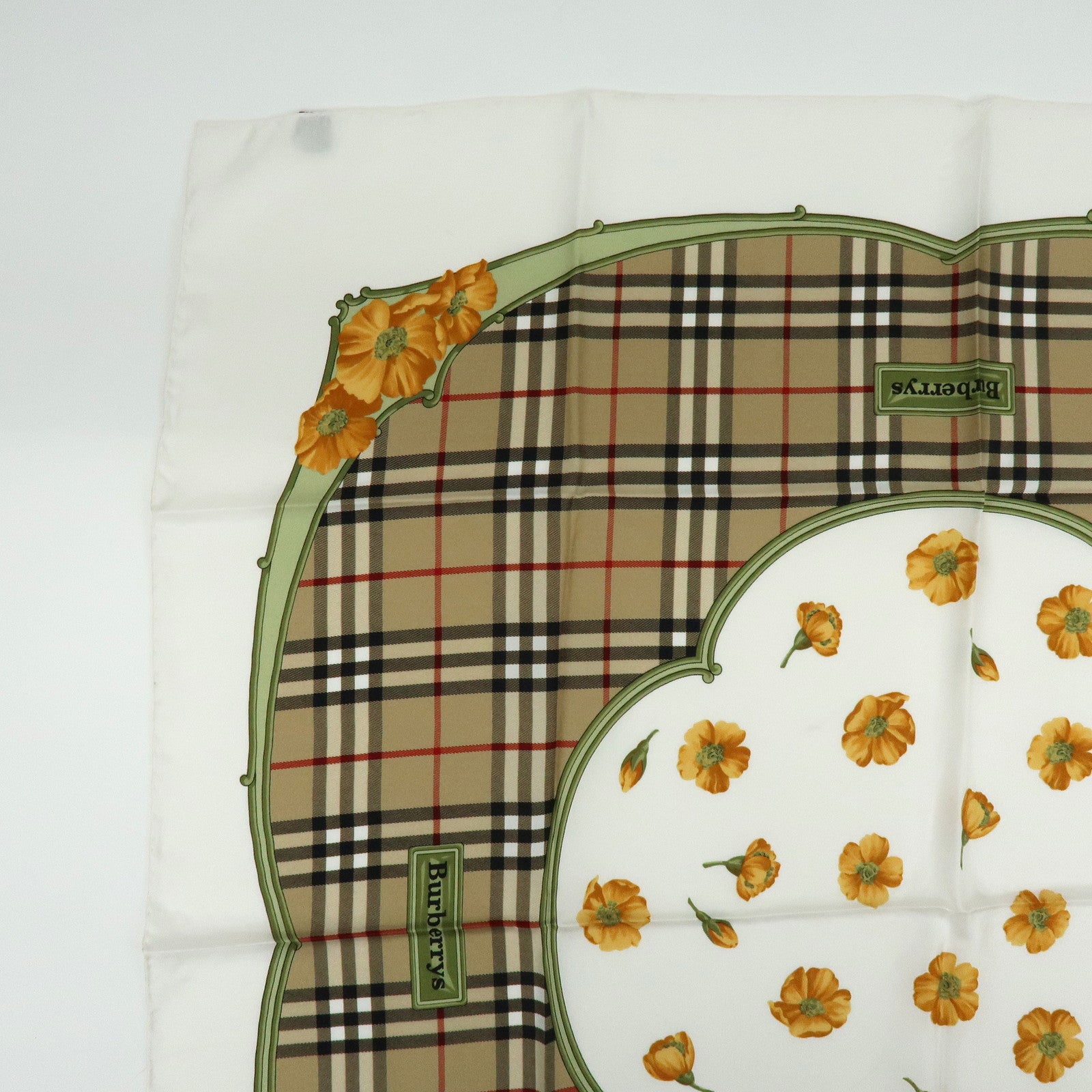 BURBERRY Nova Plaid Flower Motif Silk 100% Scarf Beige White Orange