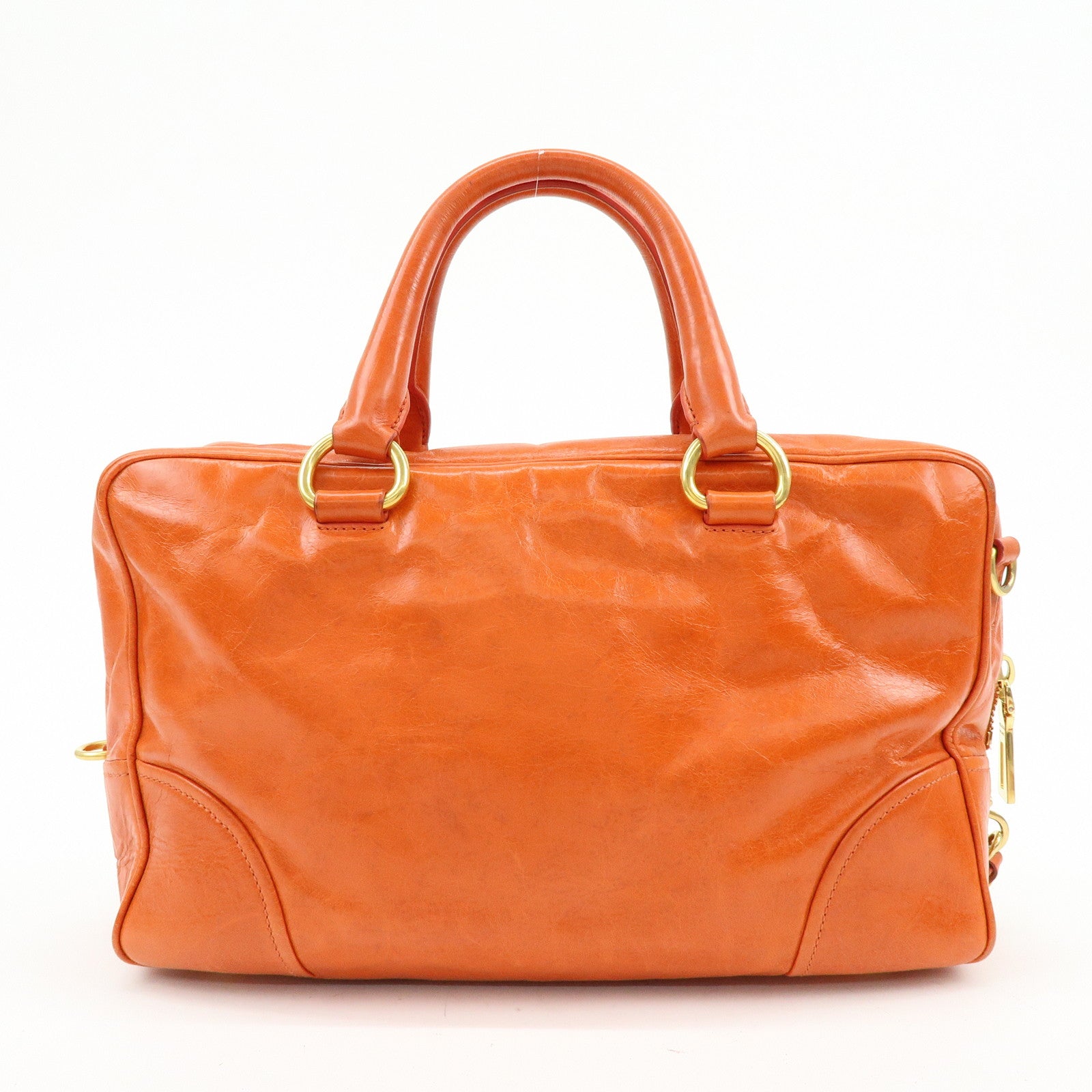 PRADA Logo Leather Boston Bag Hand Bag Shoulder Bag Orange BL0821
