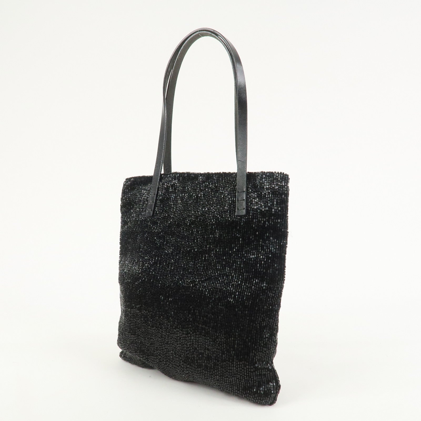 FENDI Logo Beads Leather Hand Bag Tote Bag Black