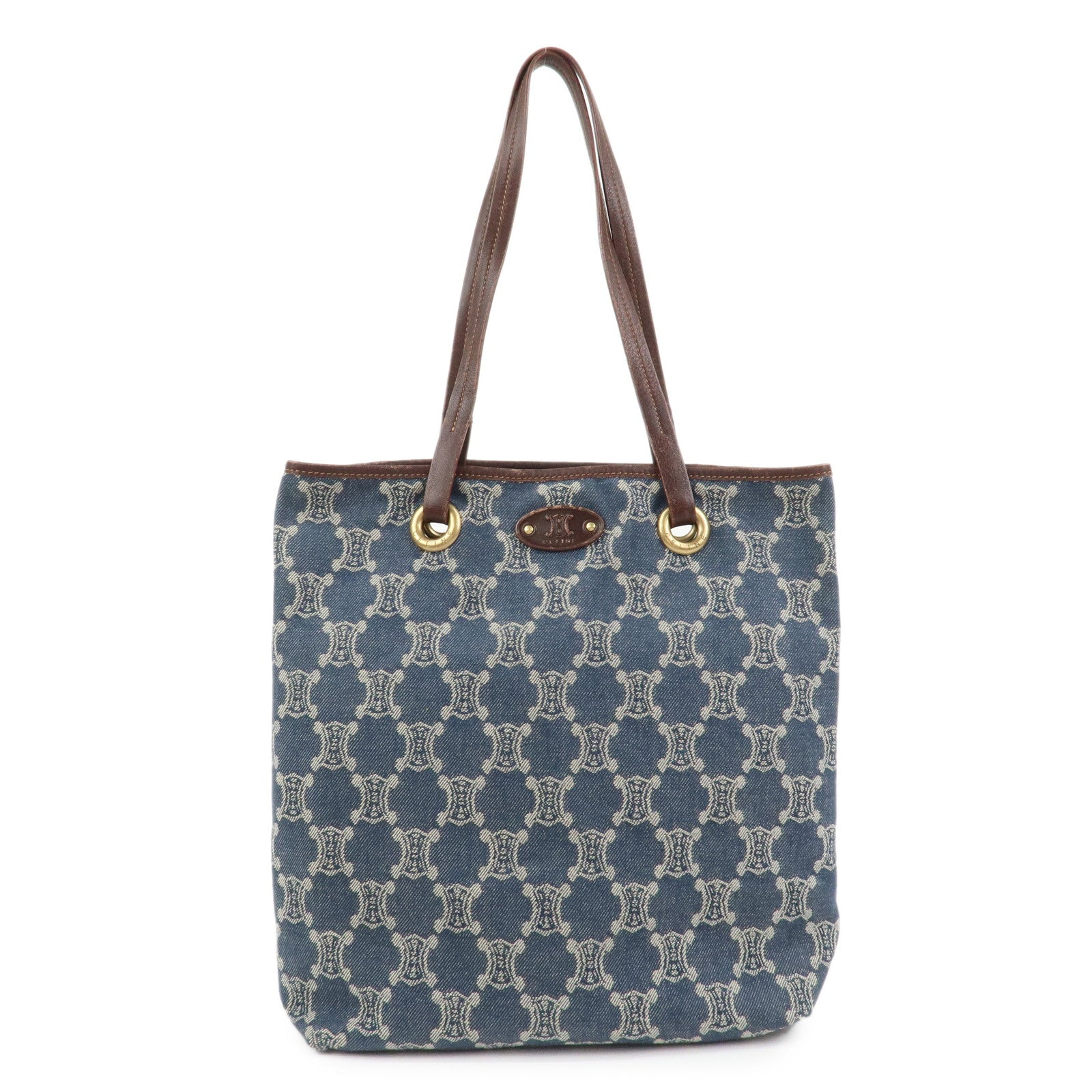 CELINE Macadam Denim Leather Tote Bag Shoulder Bag Blue Brown