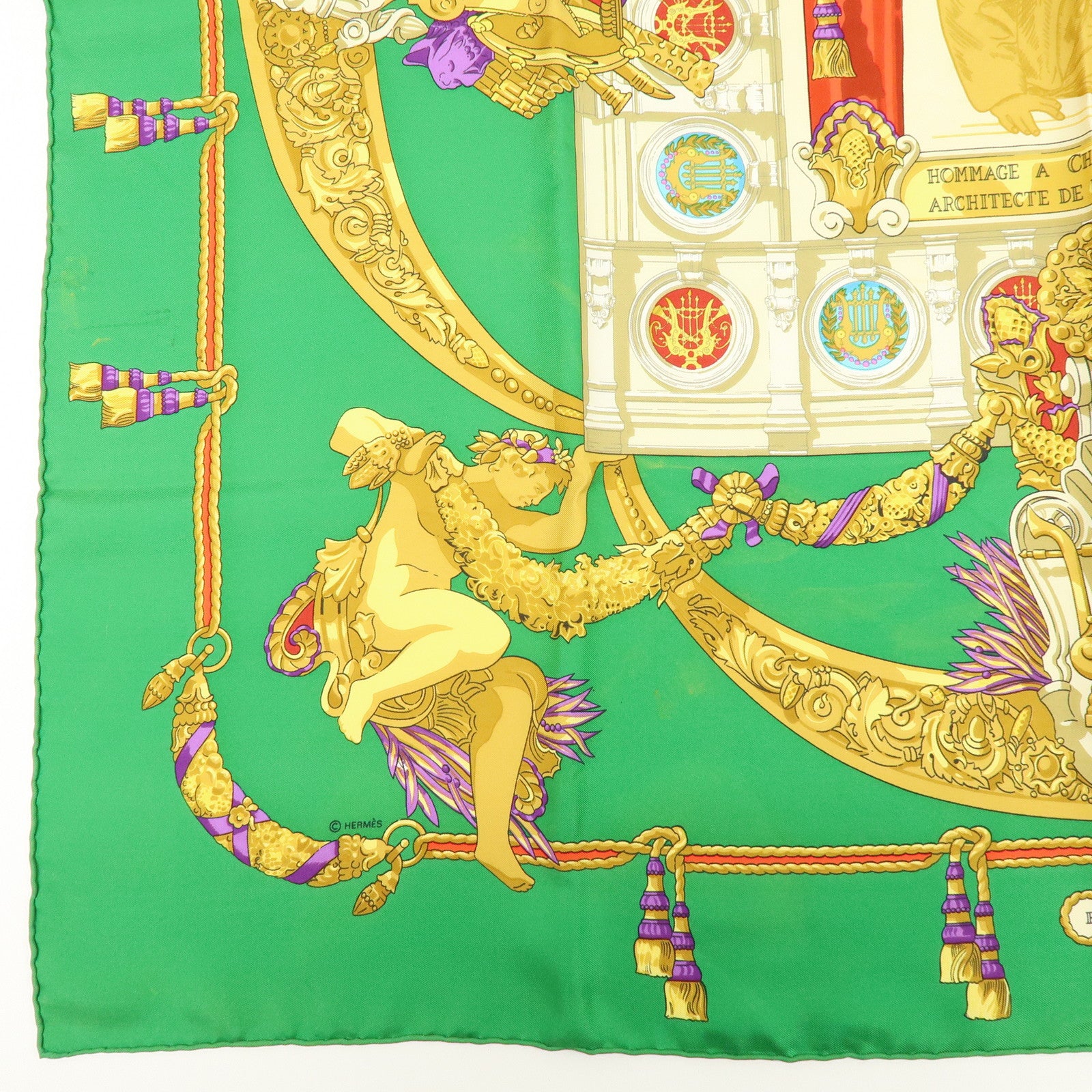 HERMES Carre 90 Set of 2 Silk 100% Scarf Green Gold Ivory