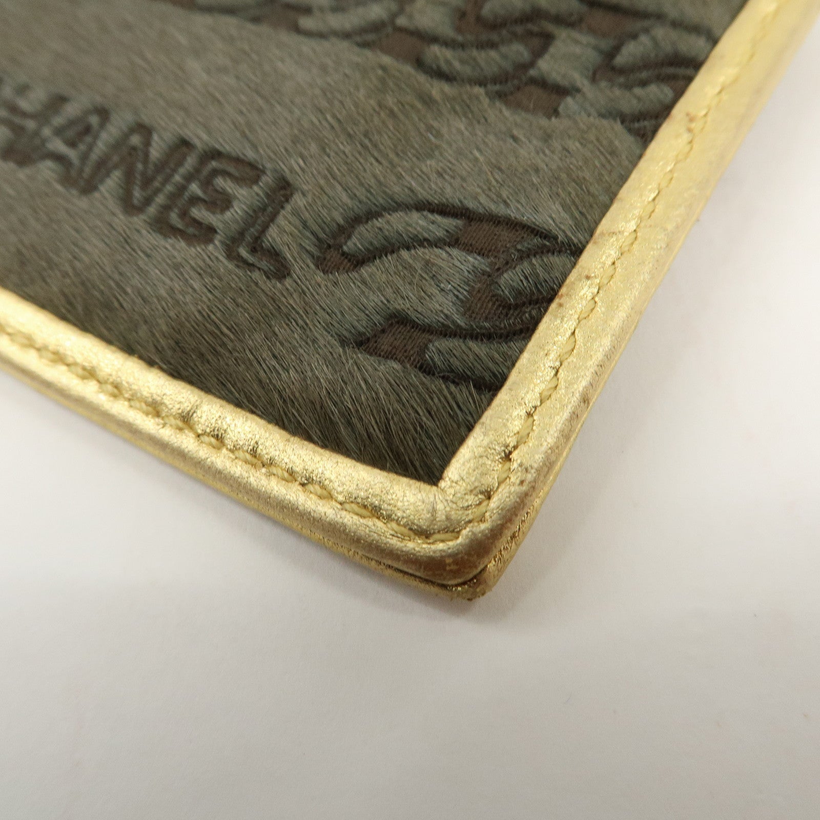 CHANEL Leather Unborn Calf Coin Case Gold Khaki Used