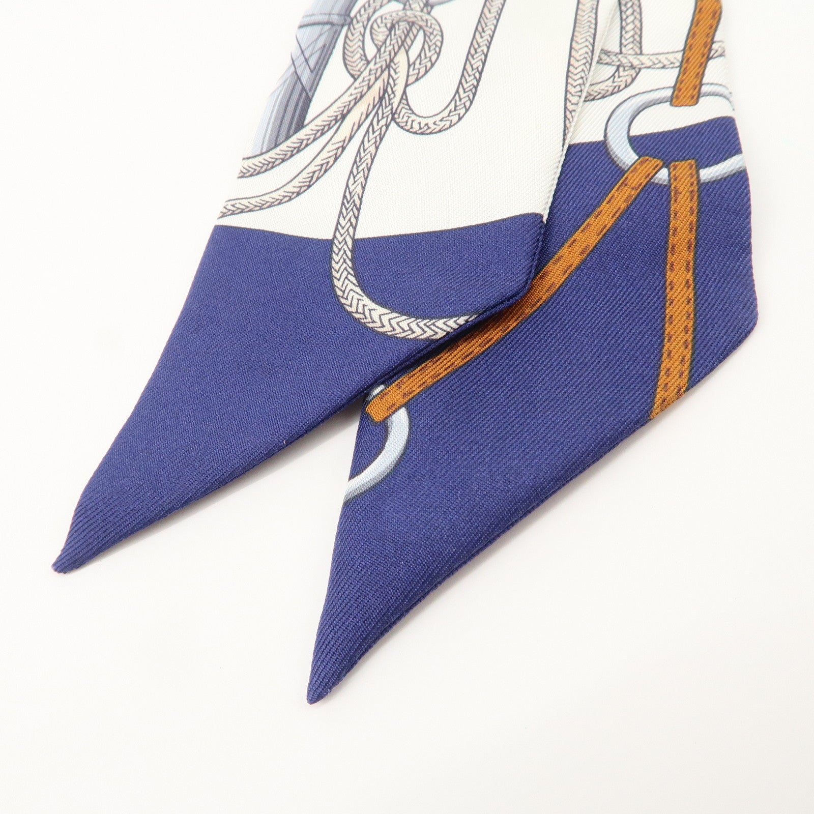 HERMES Silk 100% Twilly Scarf Qliquetis Navy White Blue Gray