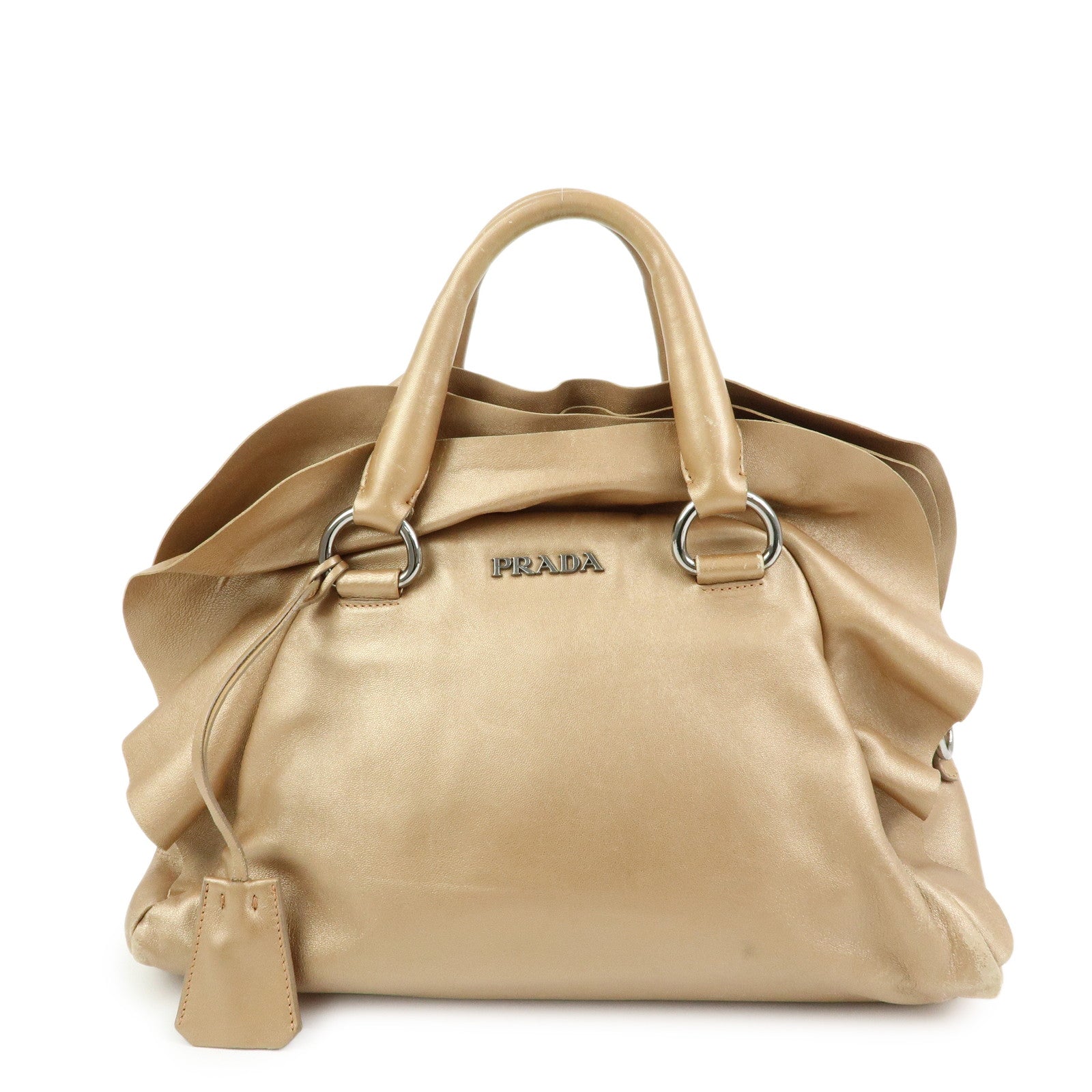 PRADA Frilled Leather Tote Bag Hand Bag Champagne Gold
