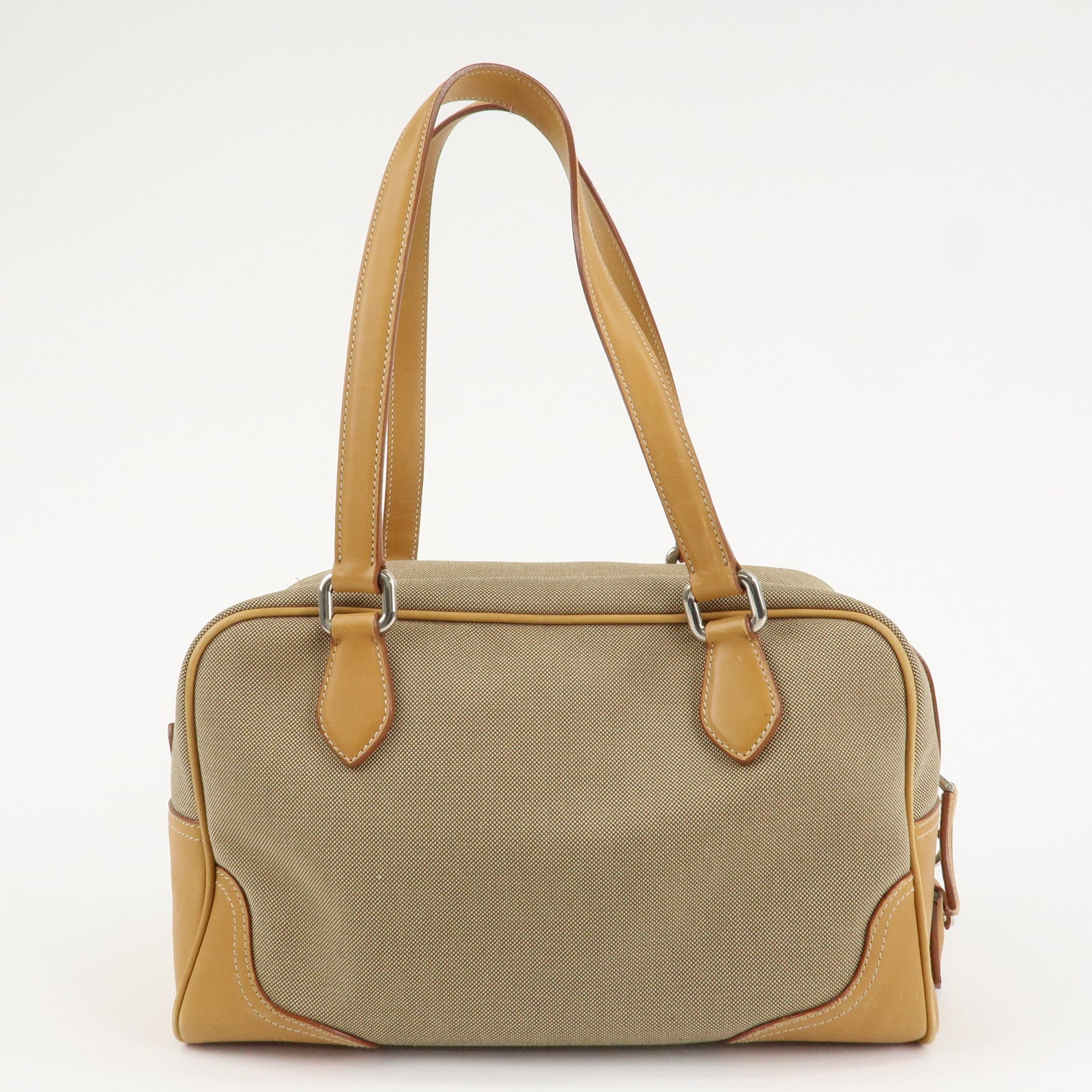 PRADA Logo Jacquard Leather Boston Bag Shoulder Bag Beige Used