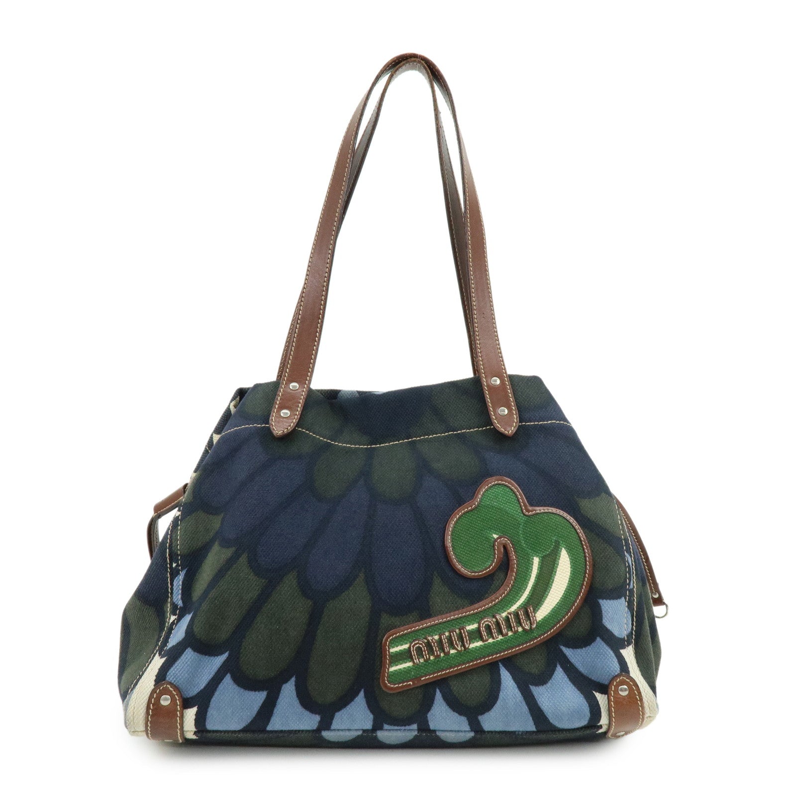 MIU MIU Canvas Leather Tote Bag Shoulder Bag Flower Motif Navy