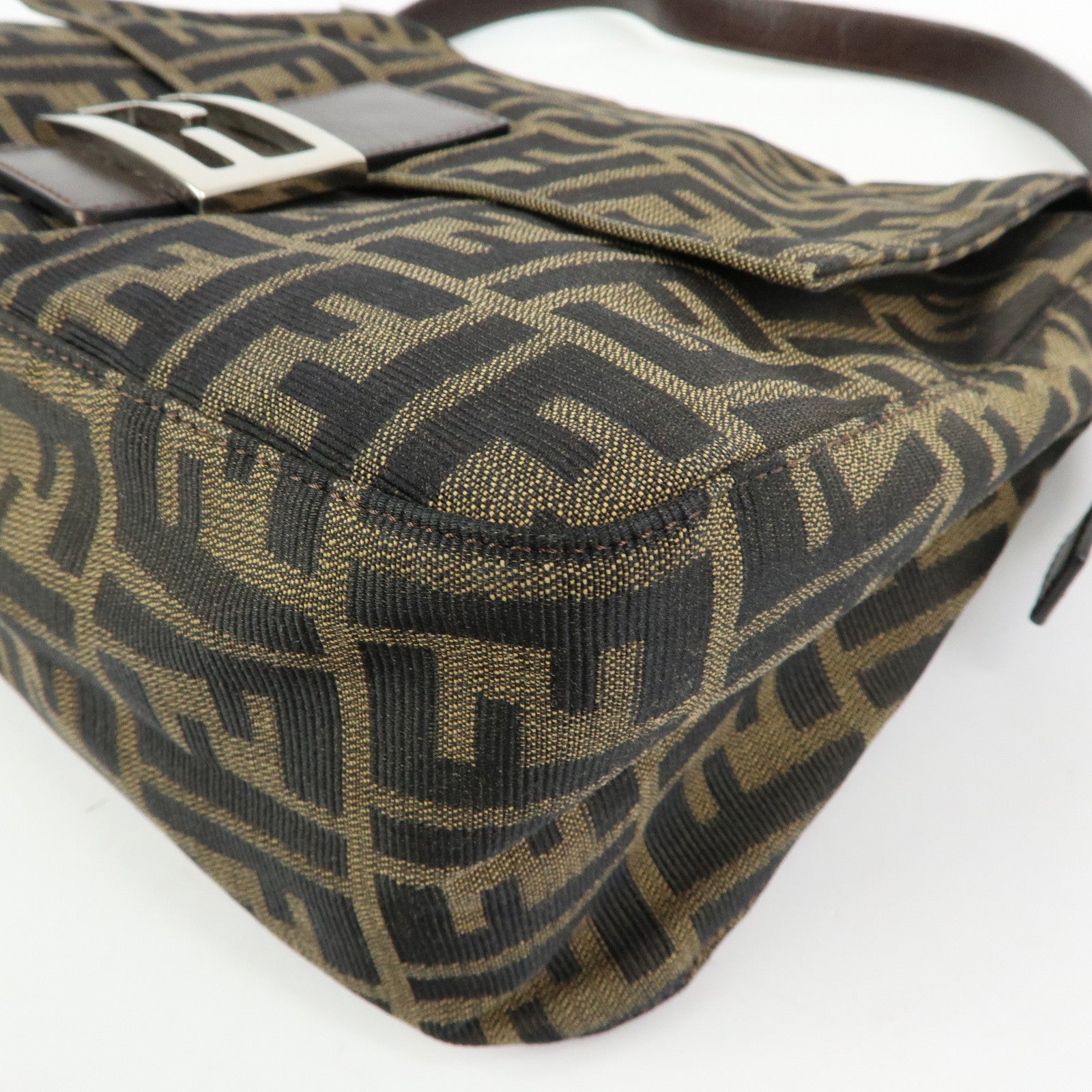 FENDI Mamma Baguette Zucca Canvas Leather Shoulder Bag Brown 26325