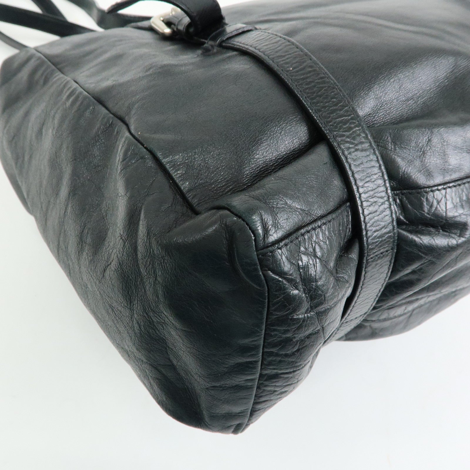 PRADA Logo Leather Shoulder Bag Tote Bag Black Silver