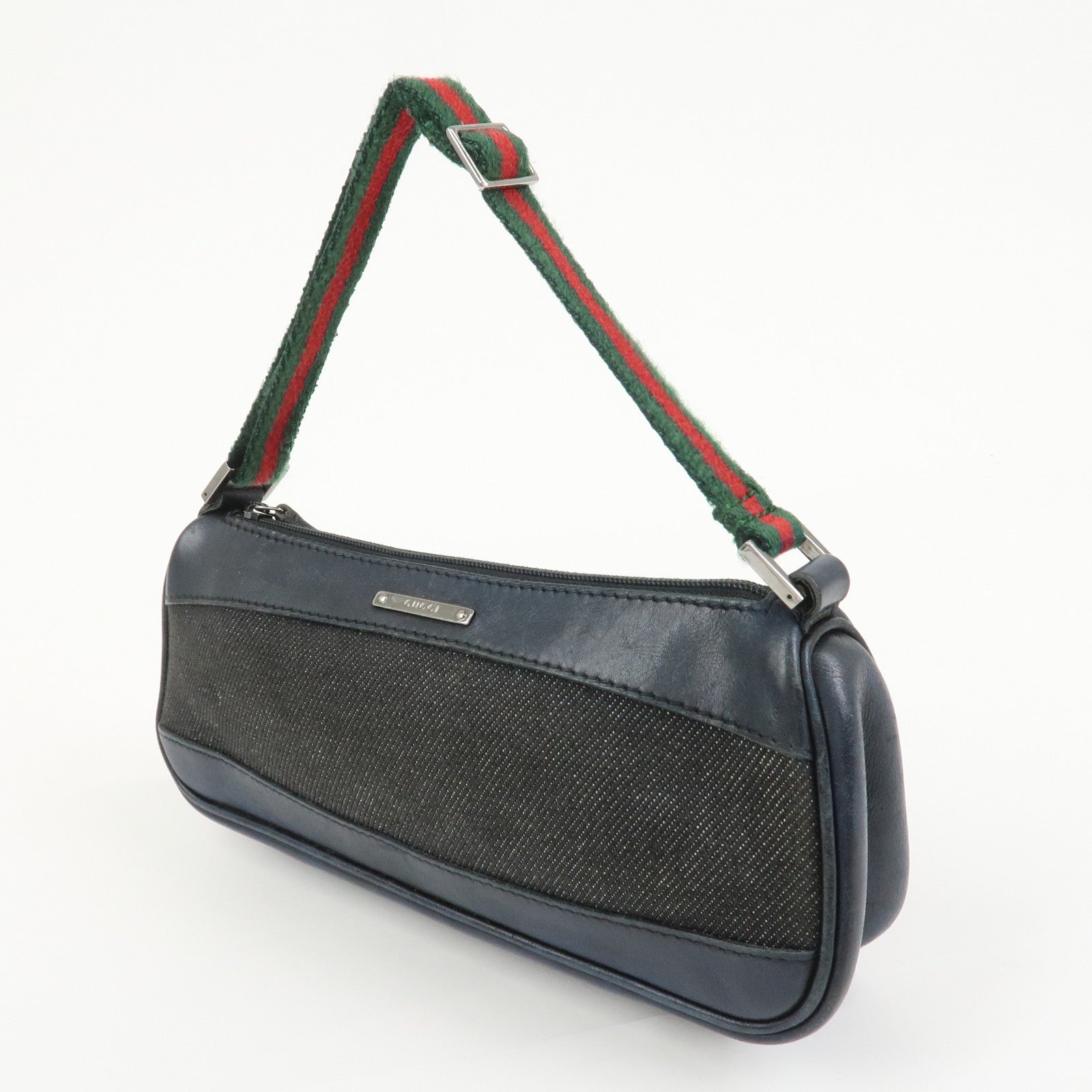 GUCCI Sherry Canvas Leather Accessory Pouch Hand Bag Navy 92820
