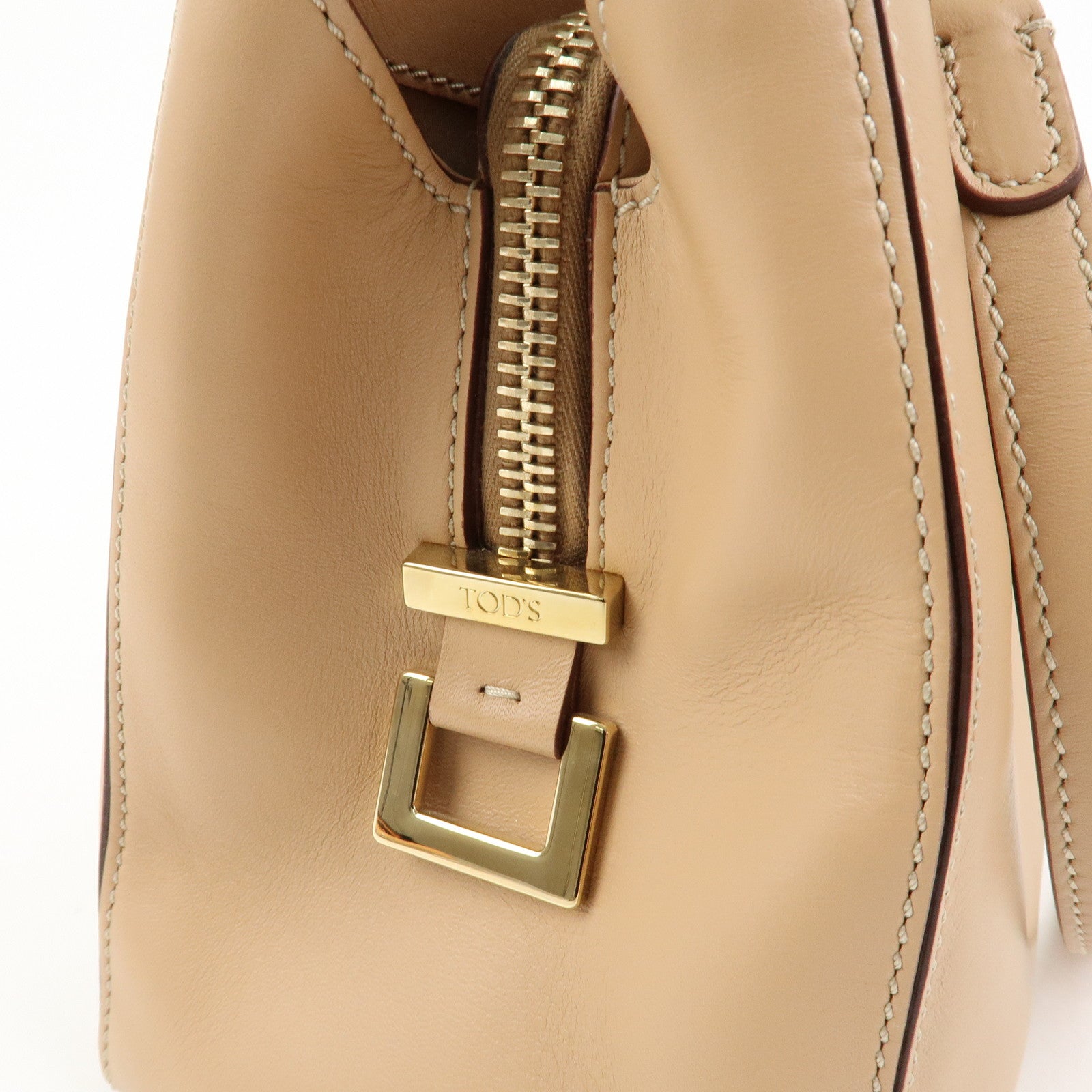 TOD’S Leather 2Way Bag Hand Bag Shoulder Bag Beige Gold