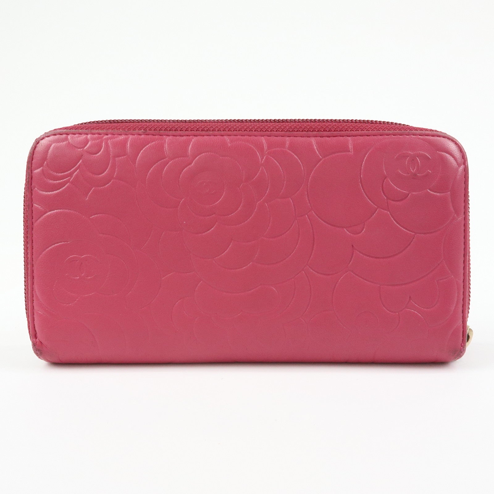 CHANEL Camellia Lamb Skin Round Zippy Wallet Pink A82281