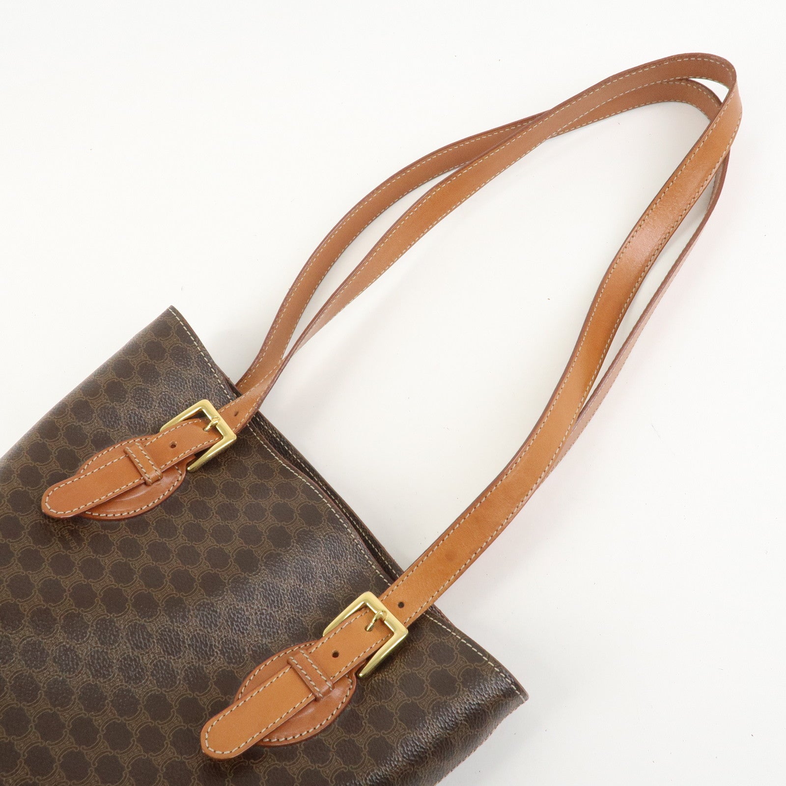 CELINE Macadam PVC Canvas Leather Tote Bag Hand Bag Brown