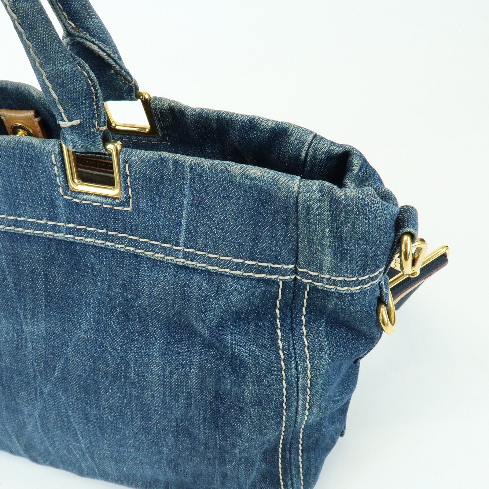 PRADA Triangle Logo Denim 2Way Bag Hand Shoulder Bag Blue BN2069
