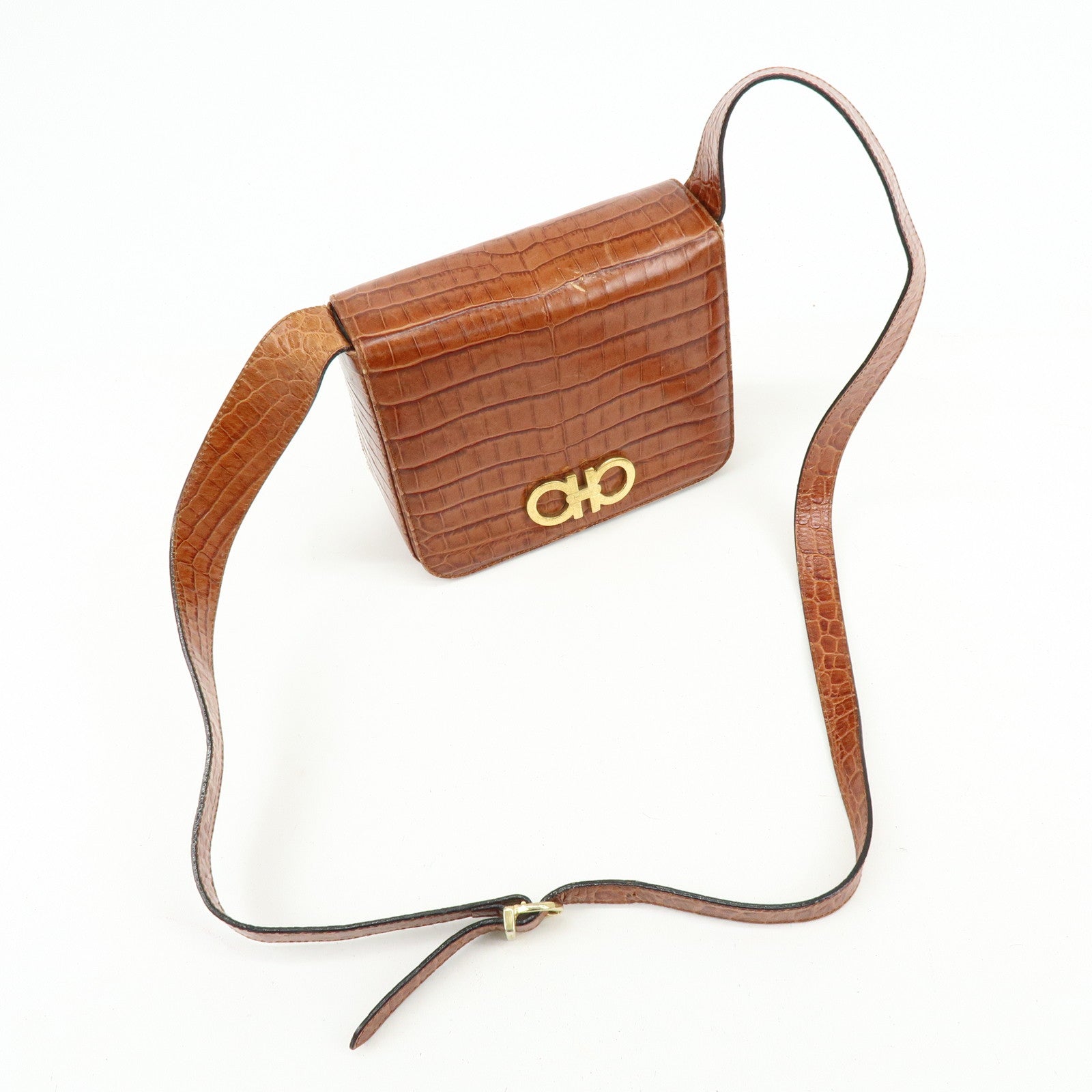 Ferragamo Gancini Embossed Leather Shoulder Crossbody Bag Brown