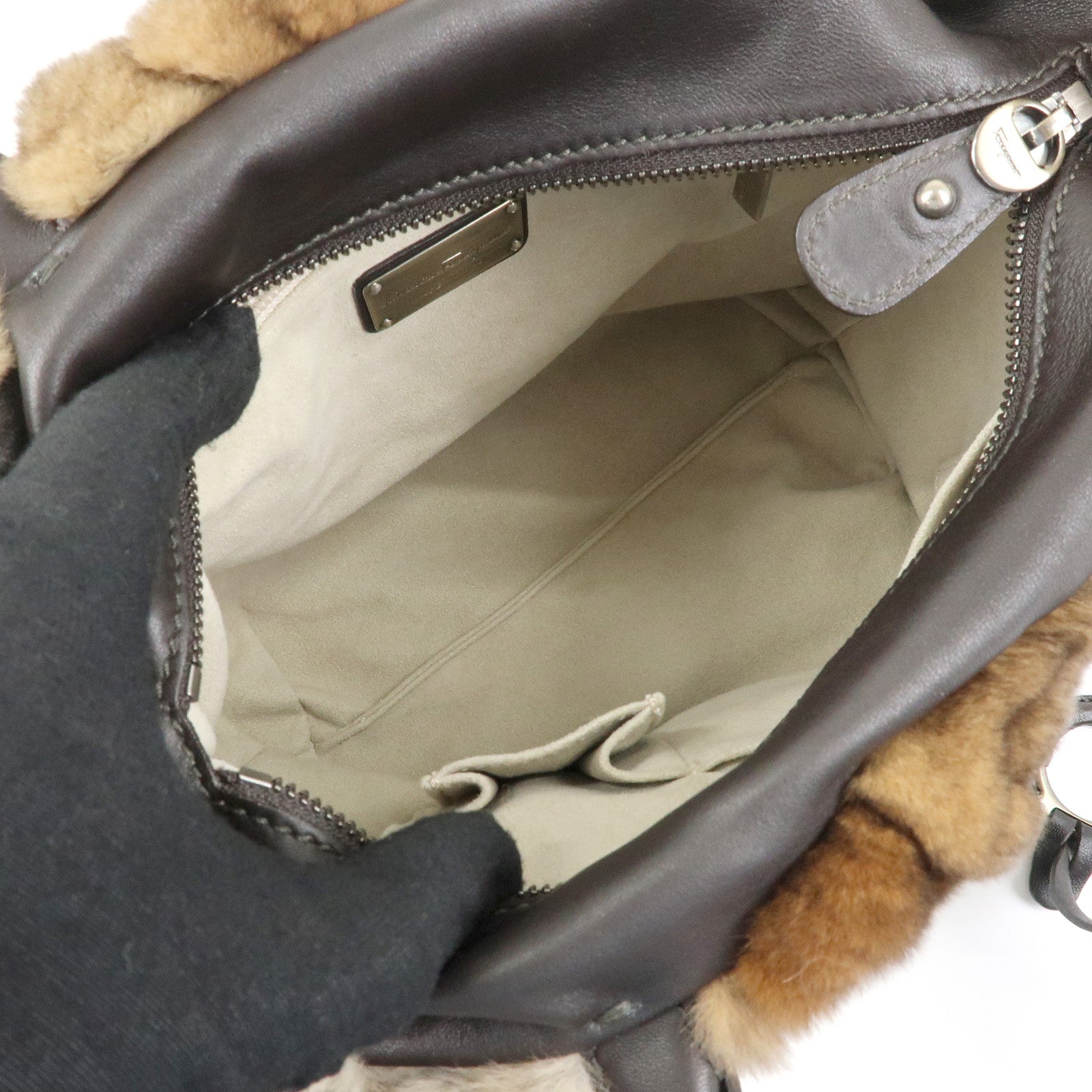 Ferragamo Gancini Rabbit Fur Leather Hand Bag Tote Bag Brown