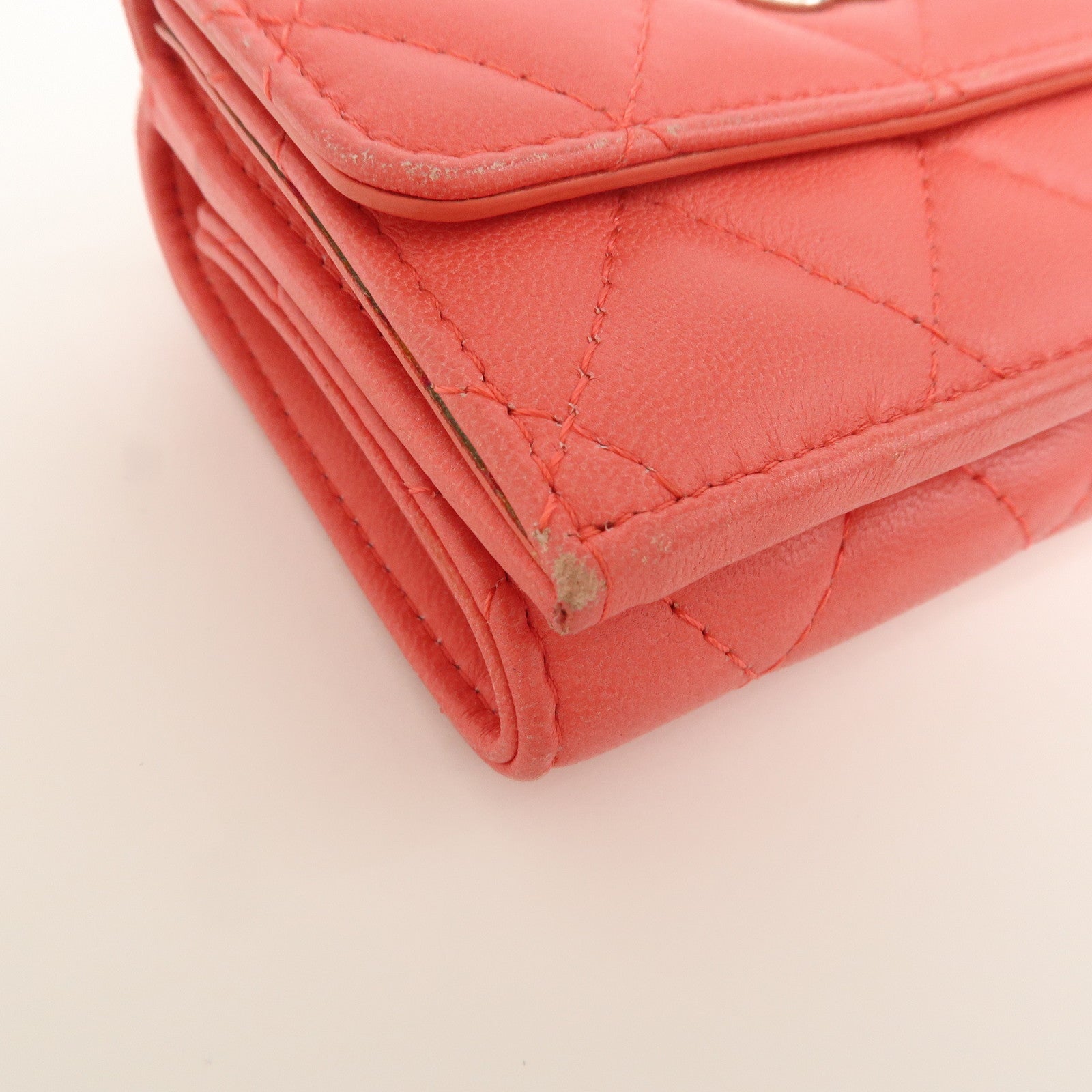 CHANEL Matelasse Lamb Skin Tri-fold Compact Wallet Coral AP0094