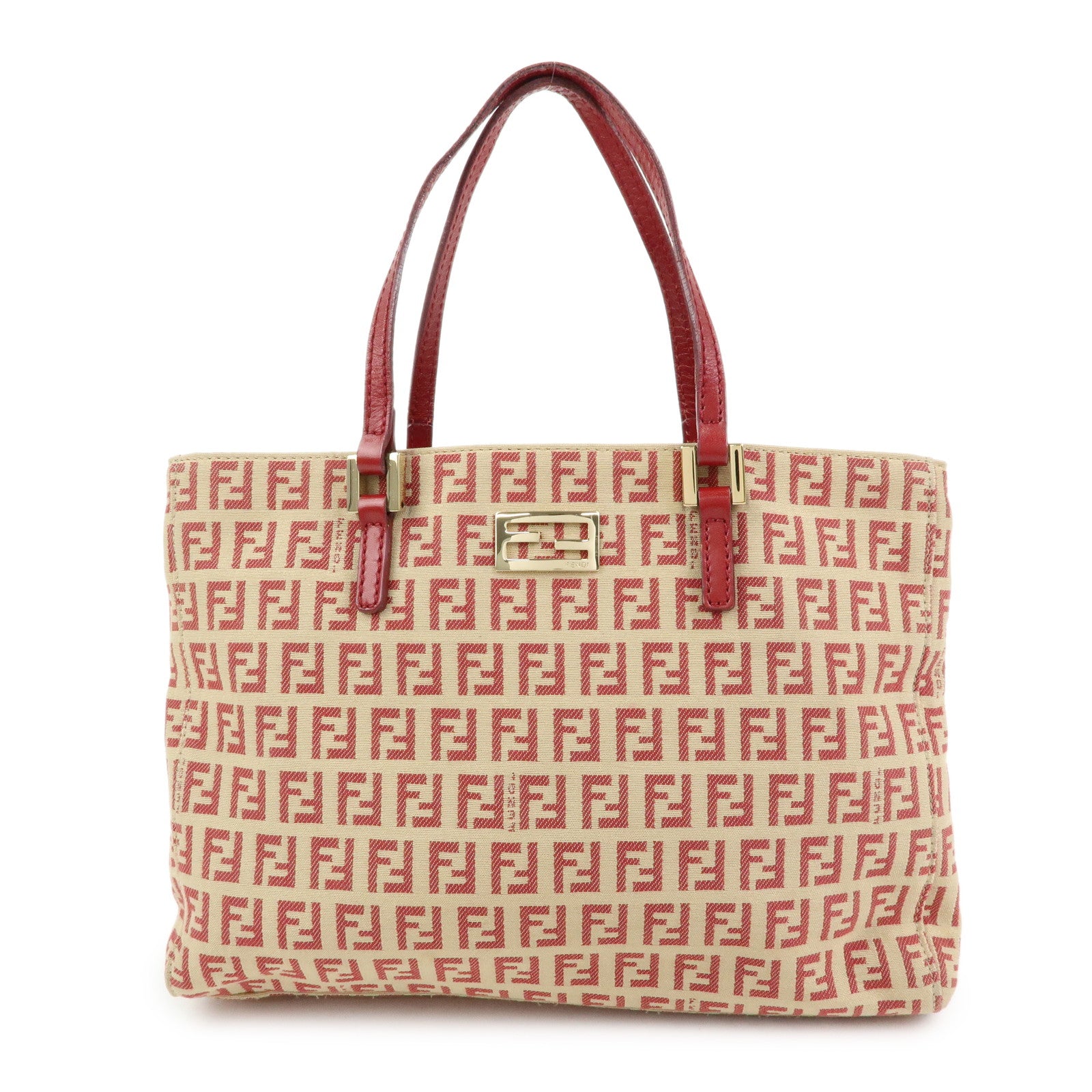 FENDI Zucchino Canvas Leather Hand Bag Tote Bag Beige Red 8BH132