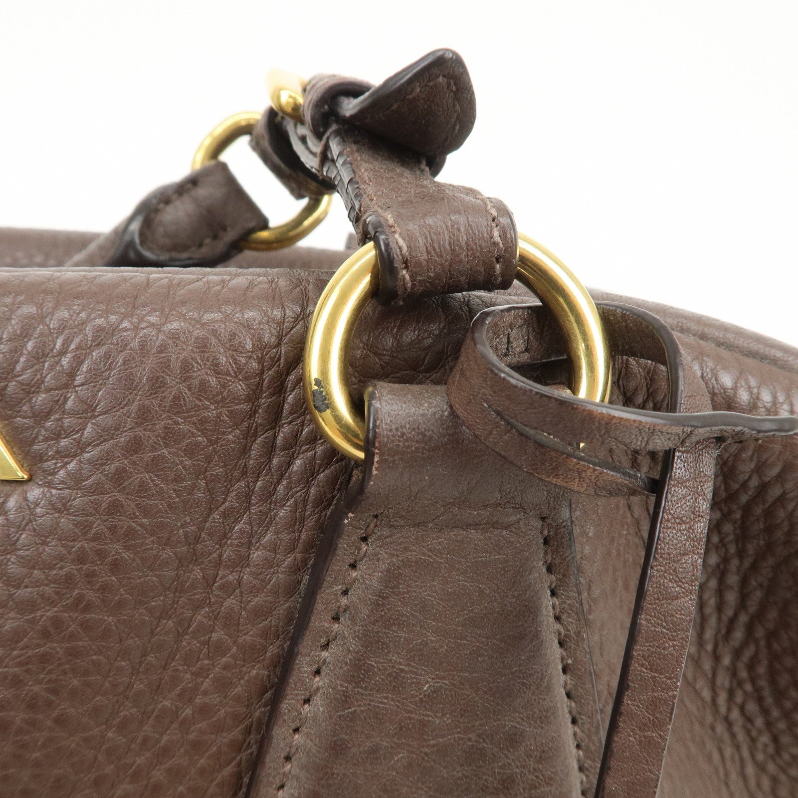 PRADA Logo Leather Shoulder Bag Boston Bag Hand Bag Brown B3091M