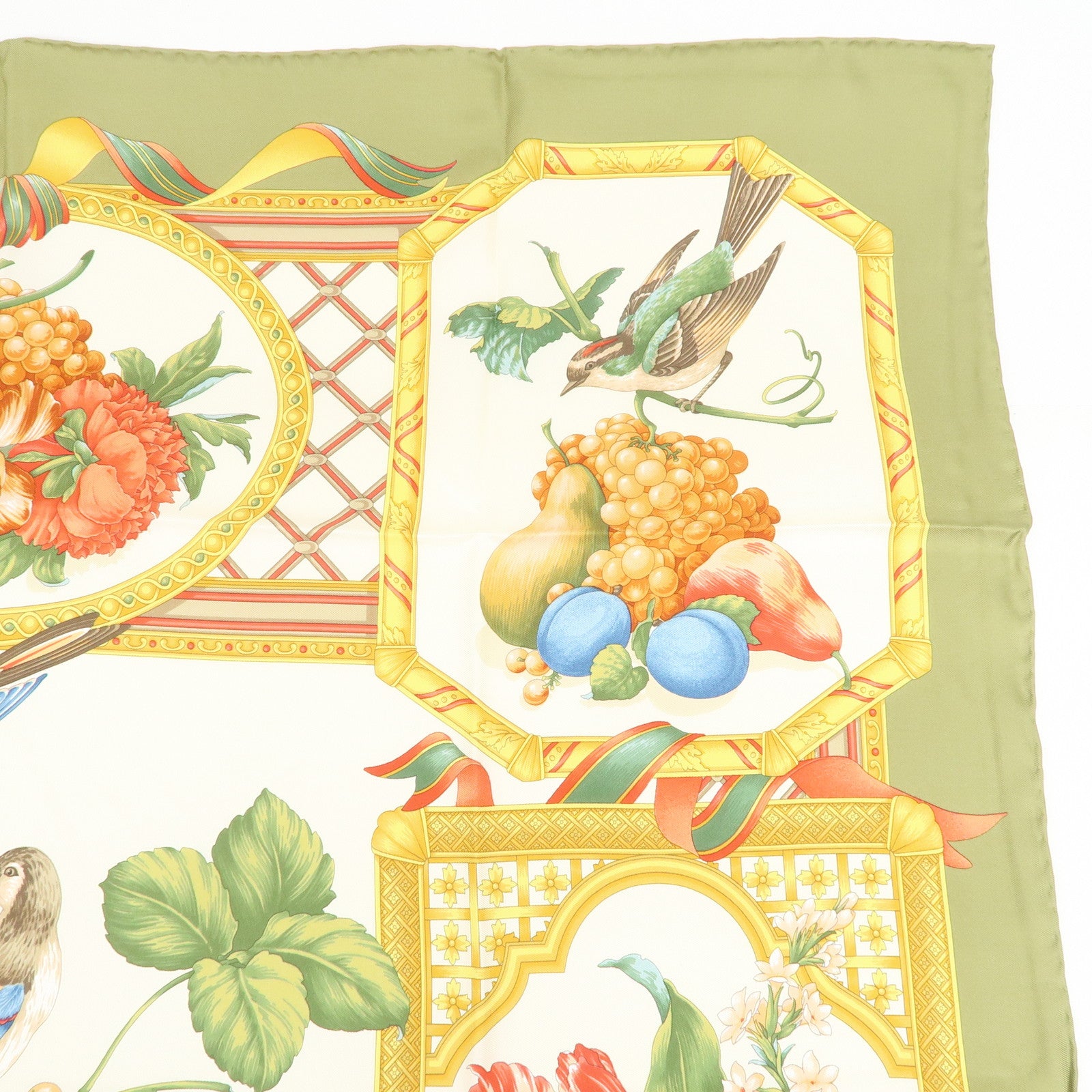 Ferragamo Flower Fruit Motif Silk 100% Scarf Ivory Green Orange