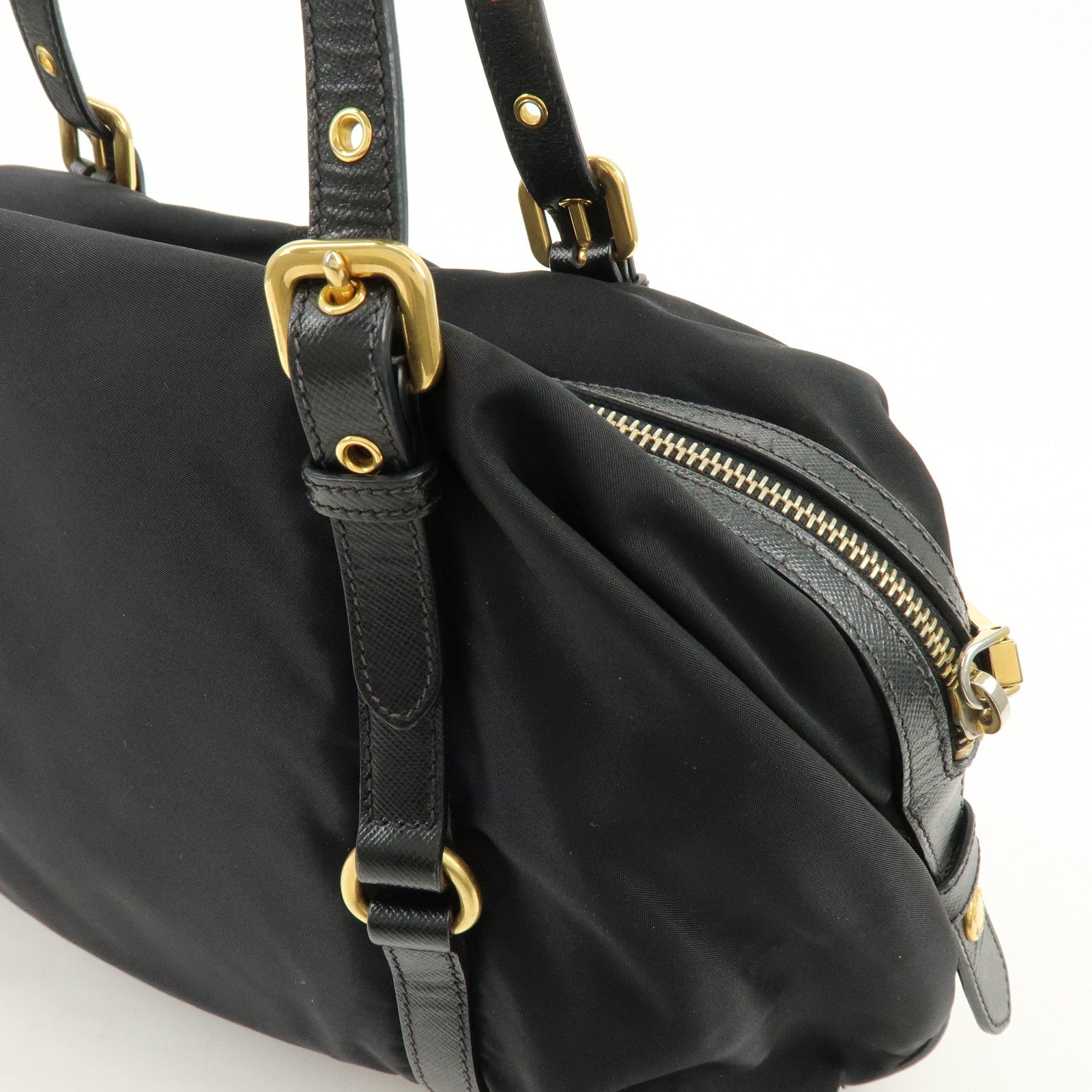 PRADA Logo Nylon Leather Boston Bag Shoulder Bag Black BL0600