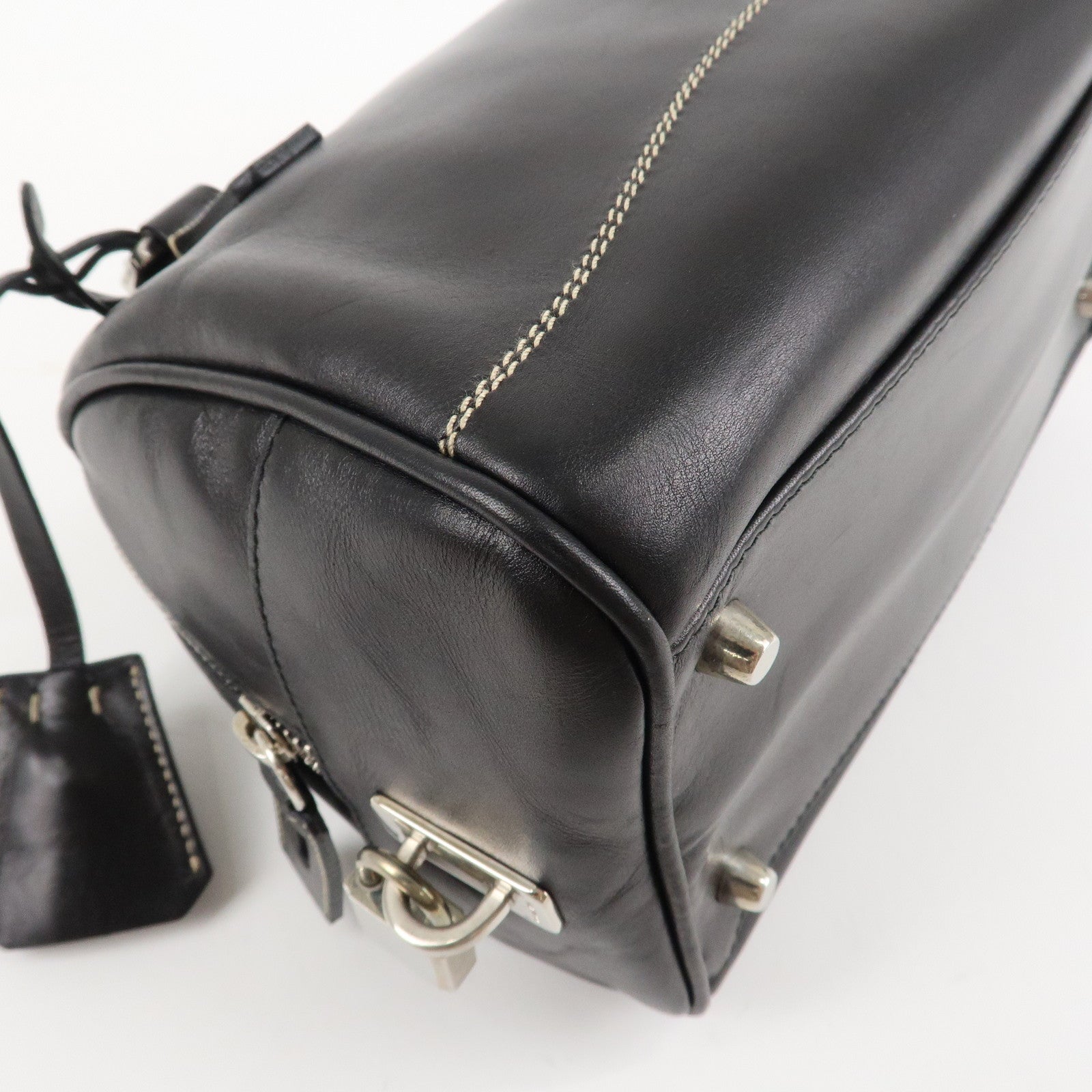 PRADA Leather Mini Boston Bag Hand Bag Black Used