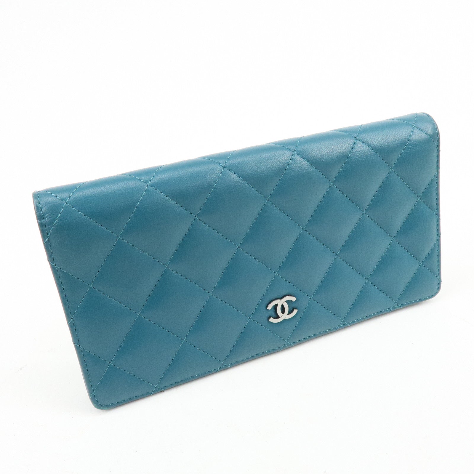 CHANEL COCO Mark Matelasse Lamb Skin Bi-fold Flap Long Wallet Blue