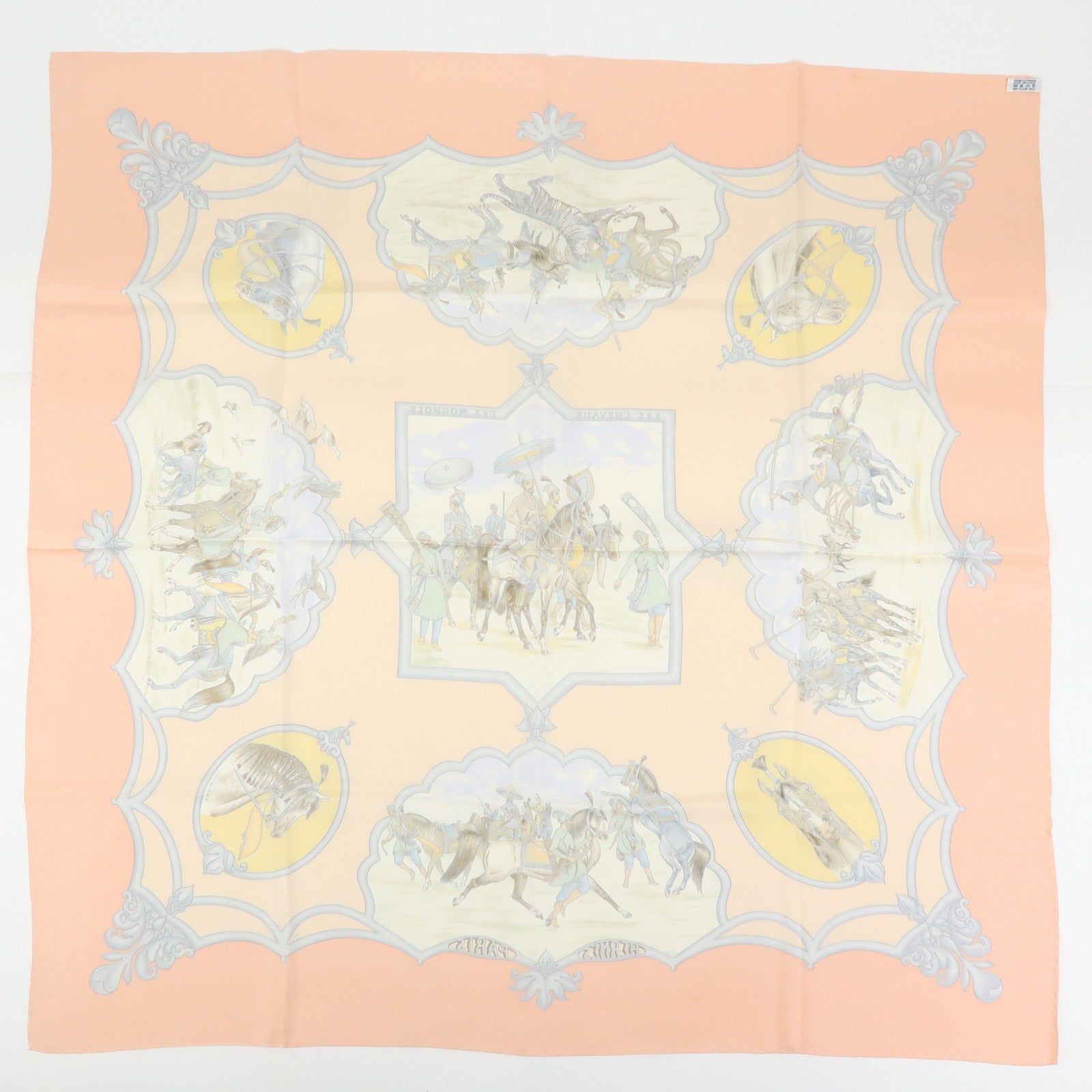 HERMES Carre 90 Silk 100% Scarf LES CHEVAUX DES MOGHOLS Pink Beige