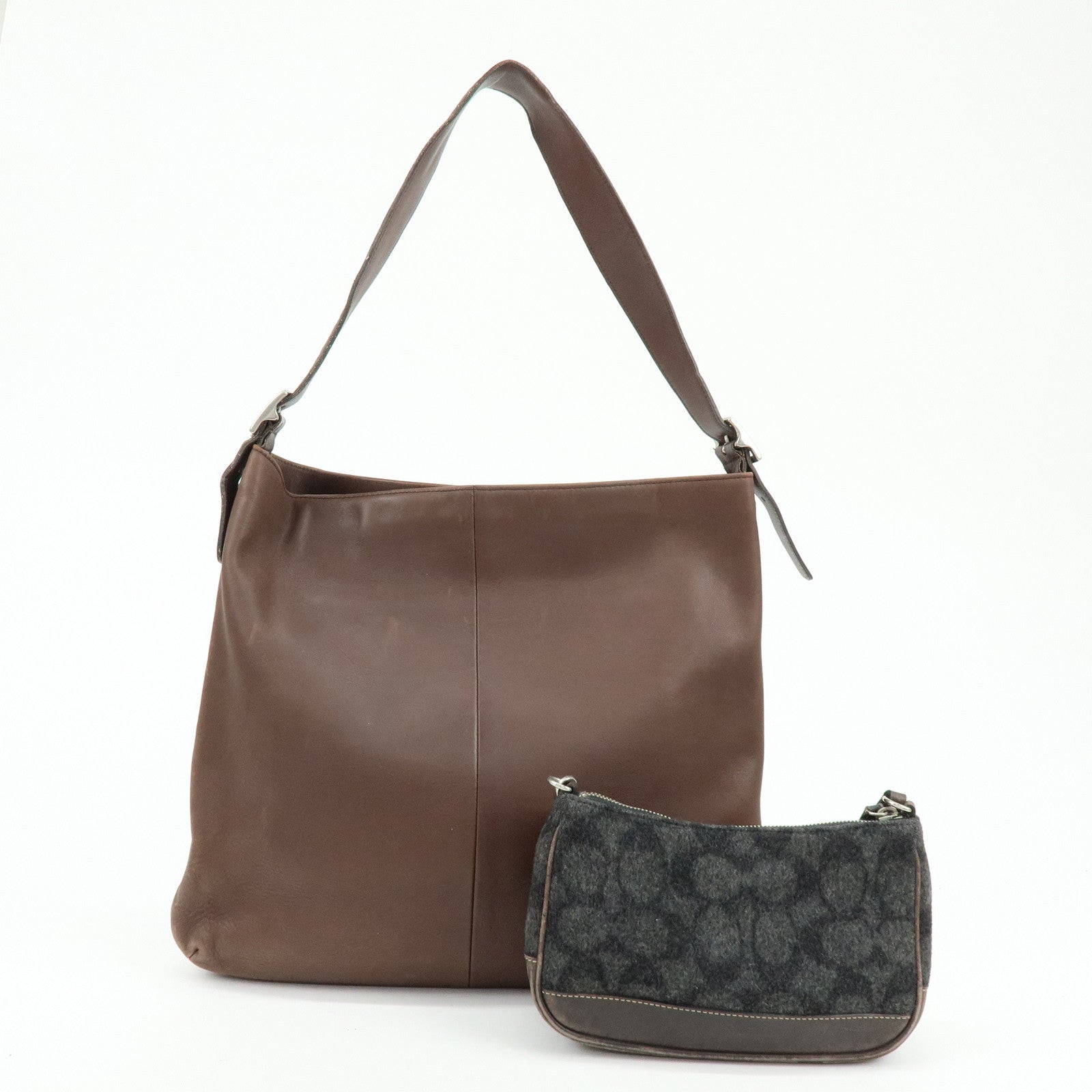 COACH Set of 2 Wool Leather Shoulder Bag Hand Bag Gray Brown