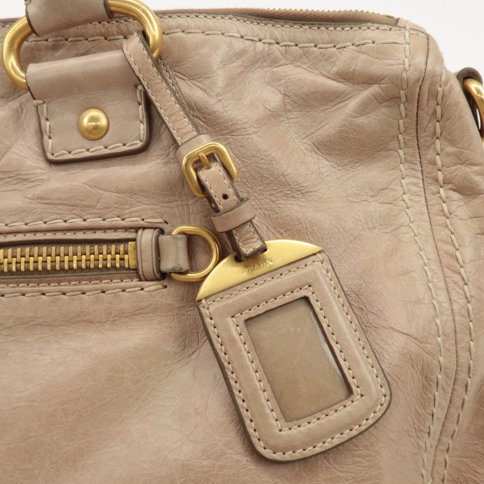 PRADA Triangle Logo Leather 2Way Bag Tote Bag Shoulder Bag Beige Used