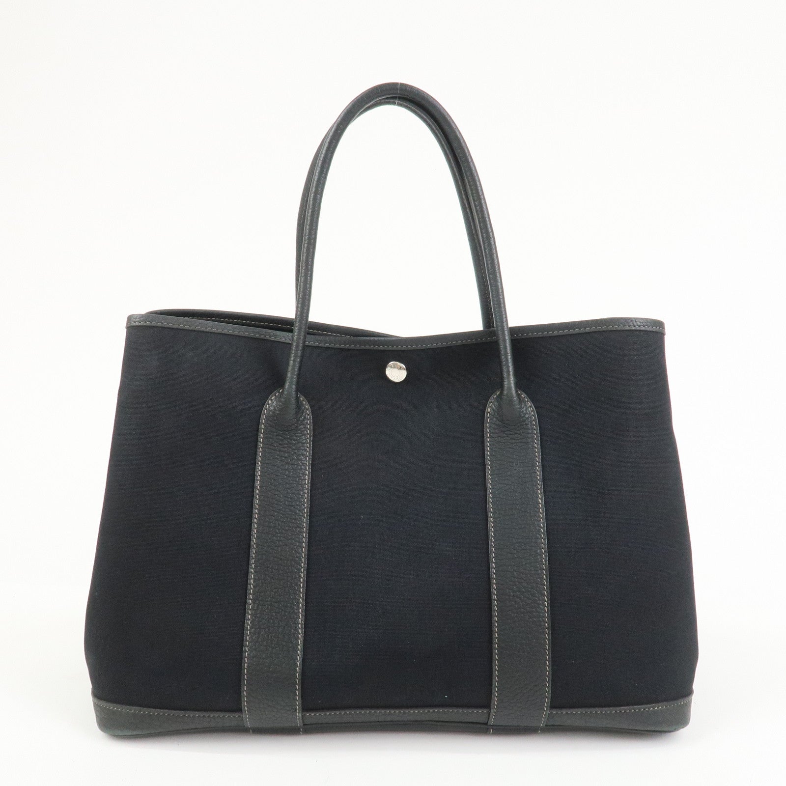 HERMES Garden Party PM Canvas Leather □K Stamped Tote Bag Black