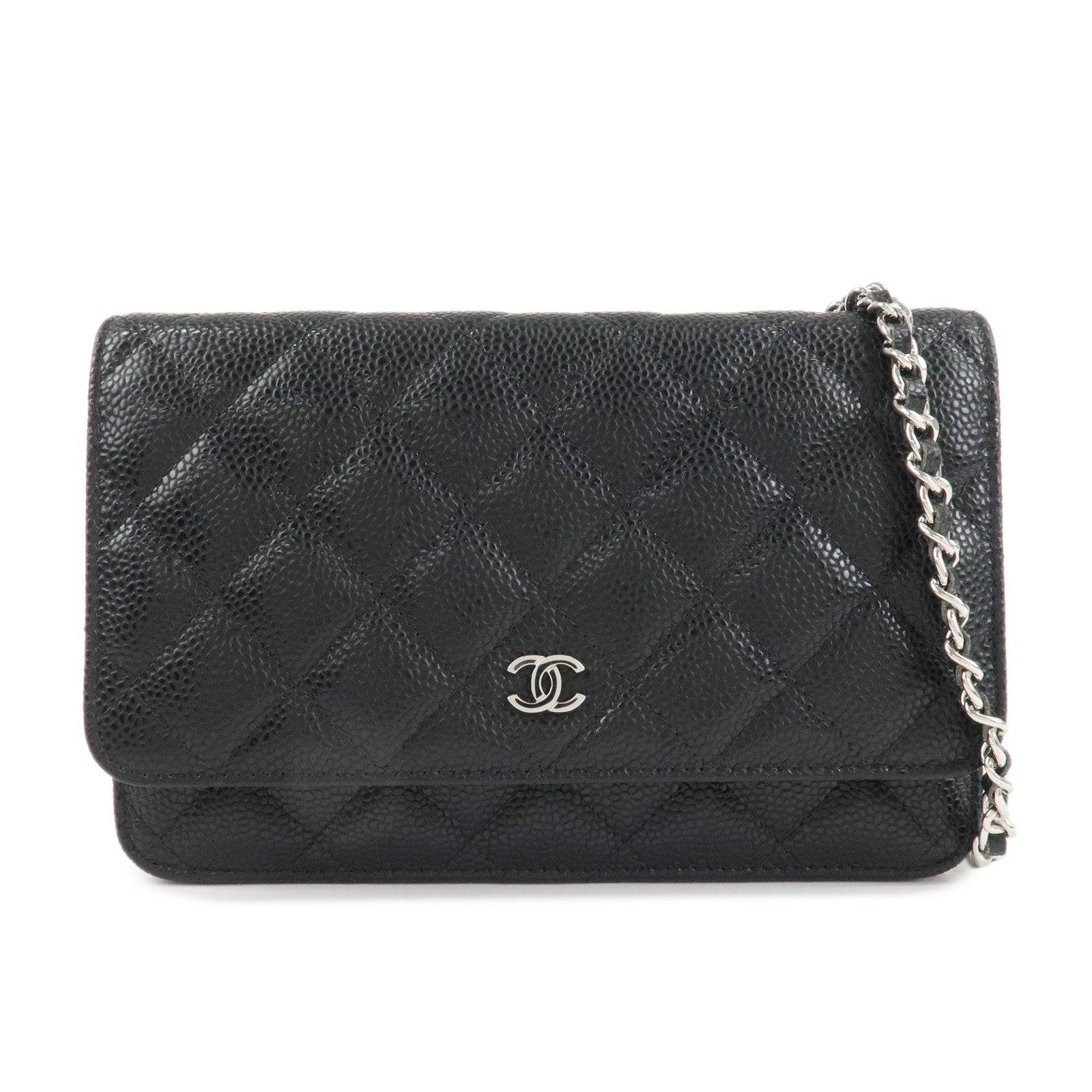CHANEL Matelasse Caviarskin Chain Wallet Shoulder Bag Black AP0250 Used