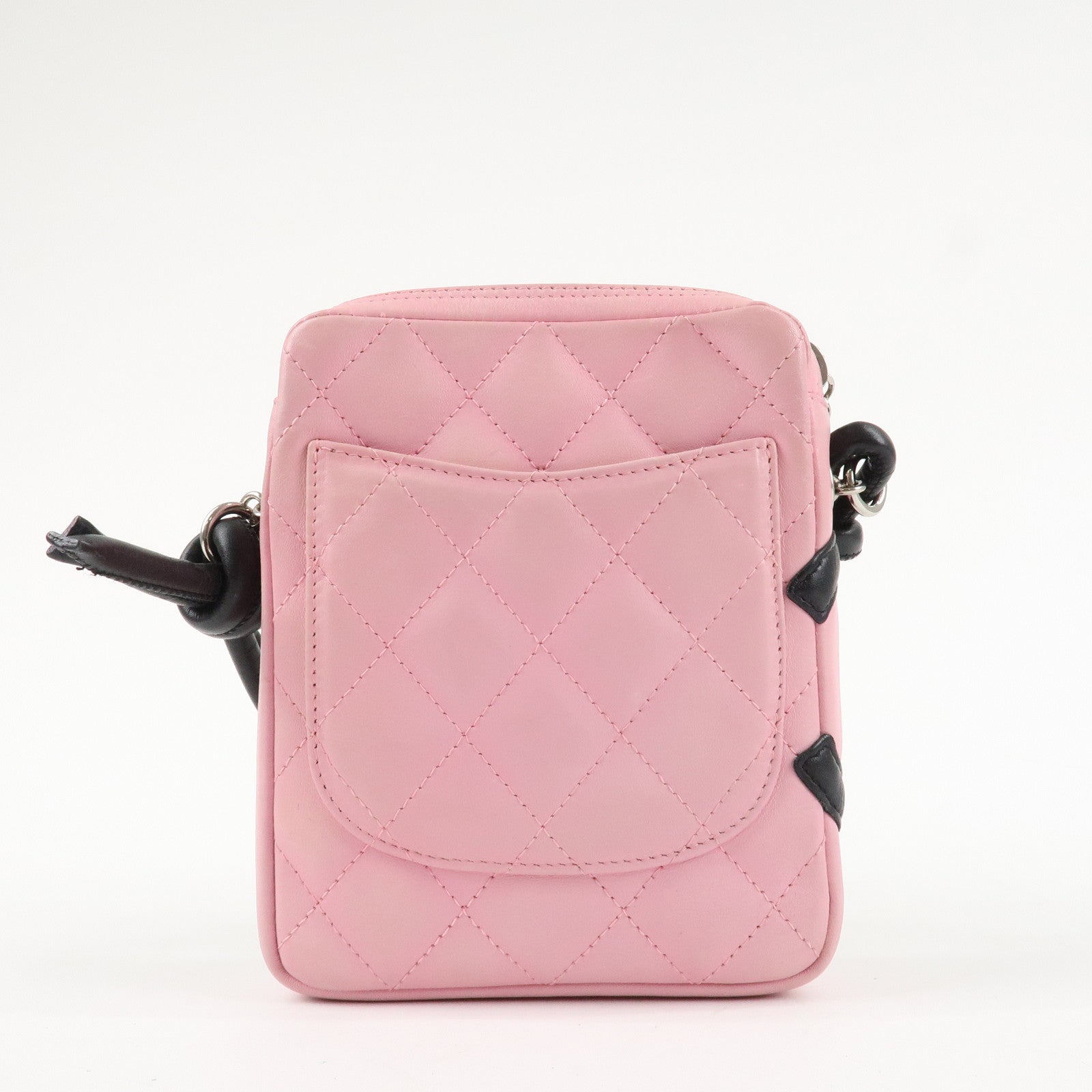 CHANEL Cambon Lamb Skin Small Pochette Shoulder Bag Pink Black A25177 Used