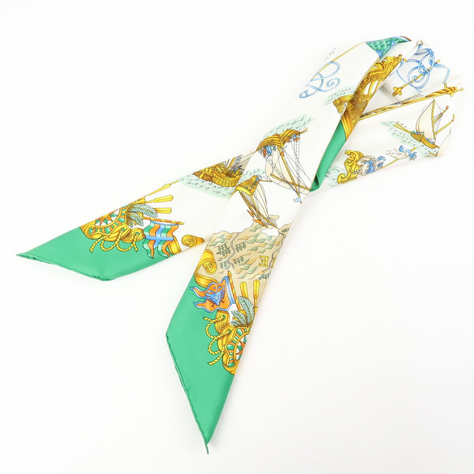 HERMES Carre 90 Silk 100% Scarf VOILES DE LUMIERE Gold Green