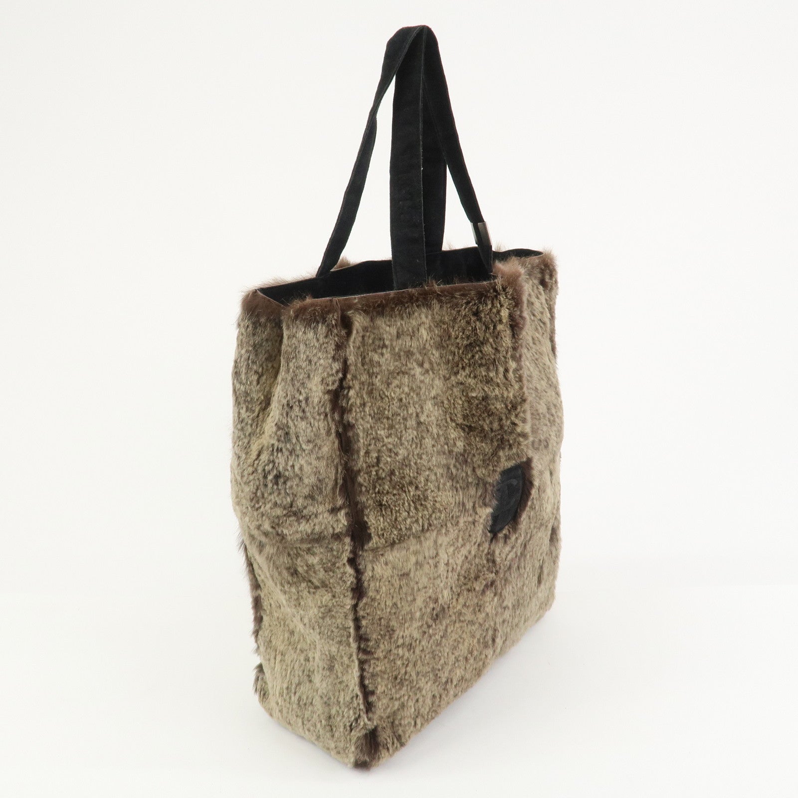 CHANEL COCO Mark Fur Suede Tote Bag Hand Bag Brown Black